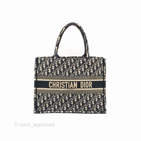 Christian Dior Medium (Old Small) Dior Navy Oblique Embroidery Canvas Book Tote