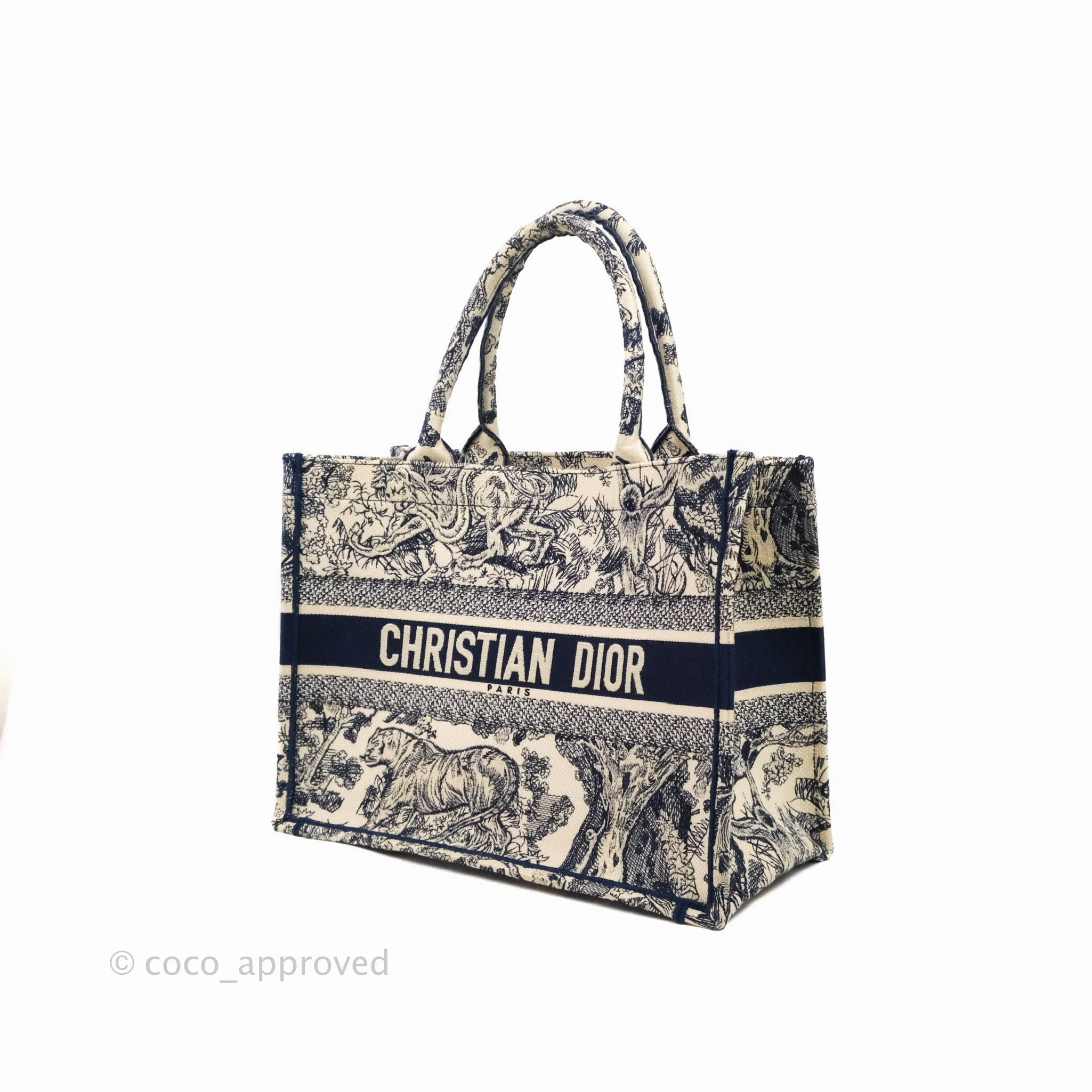Christian Dior Medium (Old Small) Embroidered Toile De Jouy Canvas Book Tote Blue