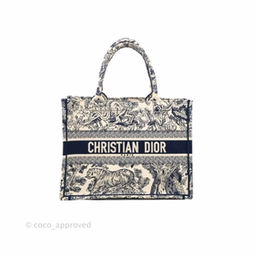Christian Dior Medium (Old Small) Embroidered Toile De Jouy Canvas Book Tote Blue