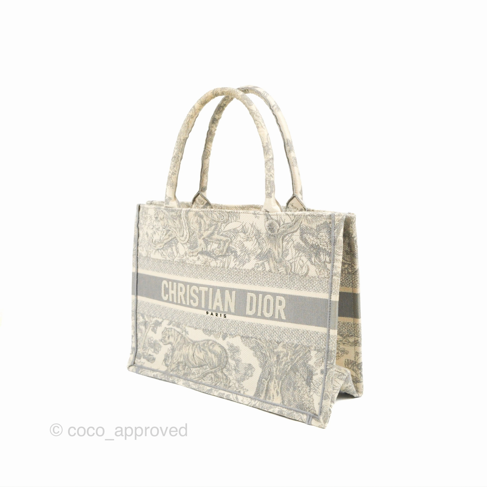 Christian Dior Medium (Old Small) Embroidered Toile De Jouy Light Grey Canvas Book Tote