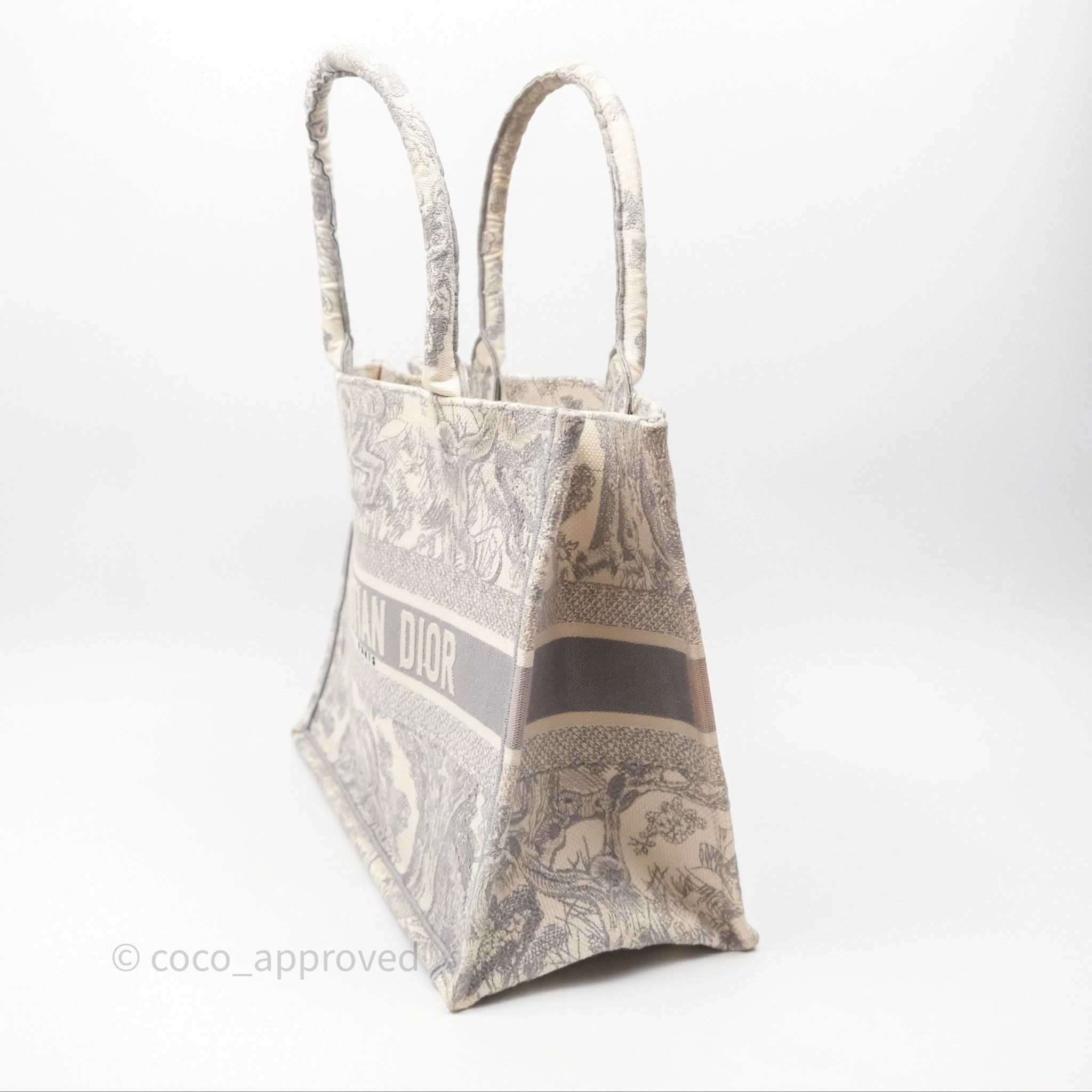 Christian Dior Medium (Old Small) Embroidered Toile De Jouy Light Grey Canvas Book Tote