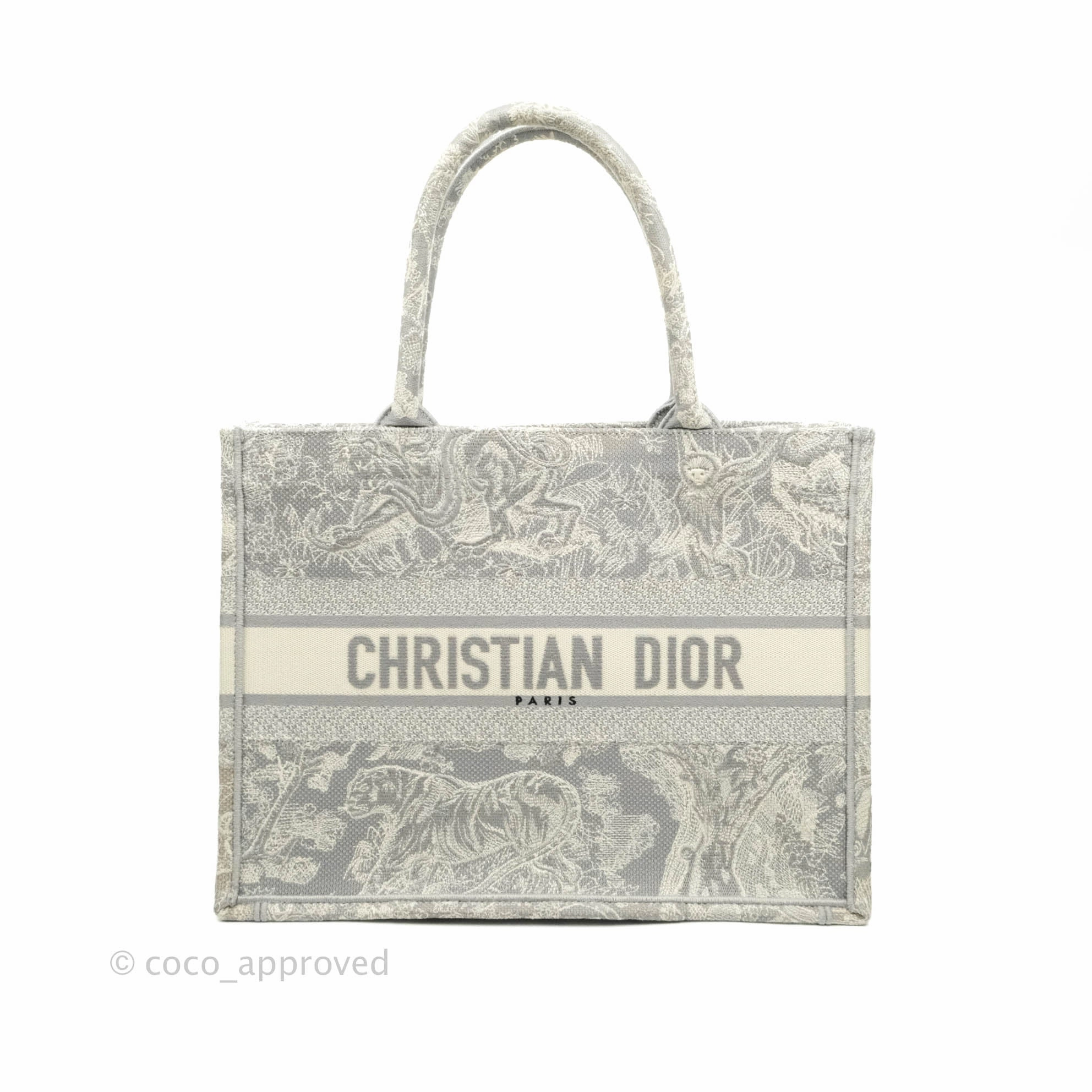 Christian Dior Medium (Old Small) Embroidered Toile De Jouy Light Grey Canvas Book Tote