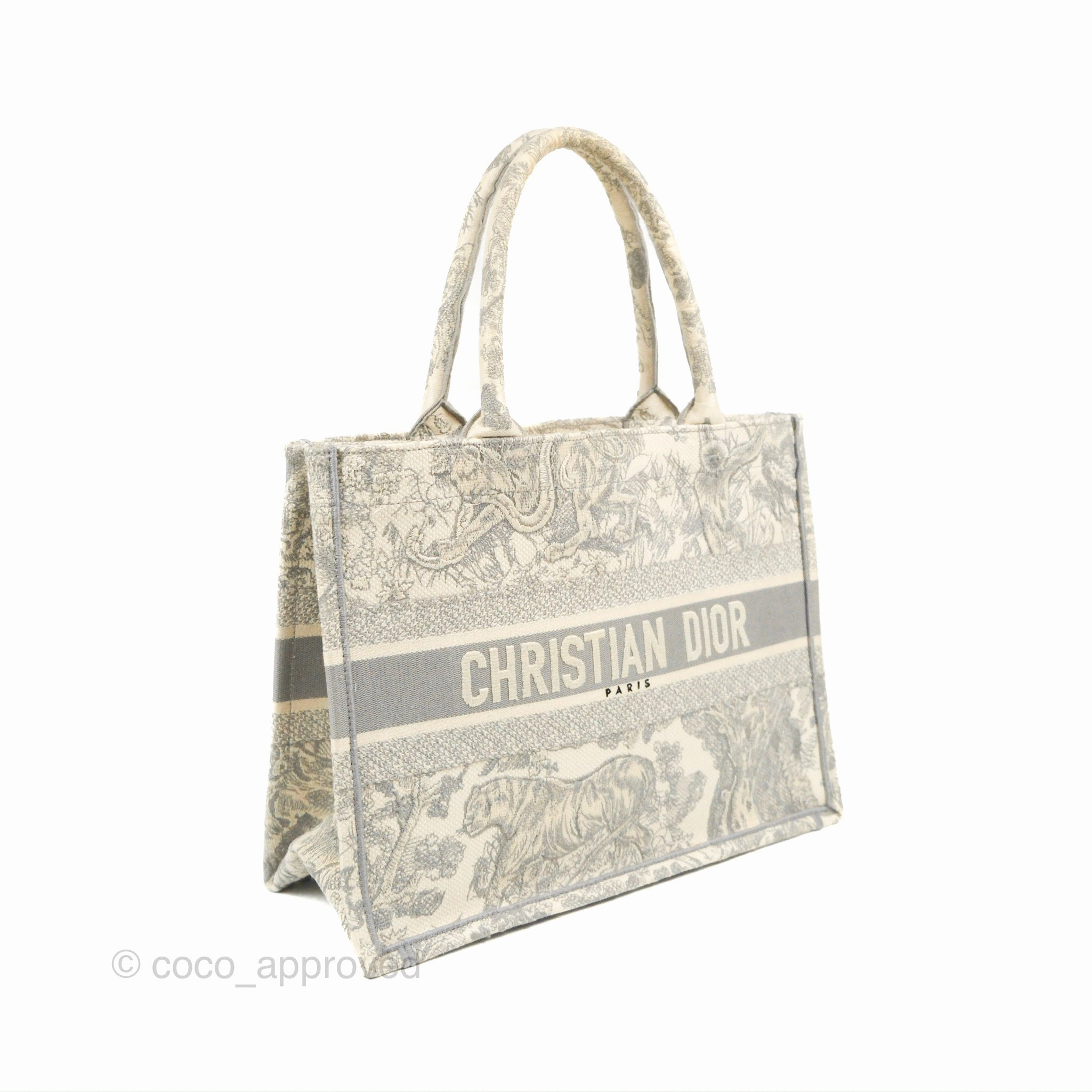 Christian Dior Medium (Old Small) Embroidered Toile De Jouy Light Grey Canvas Book Tote