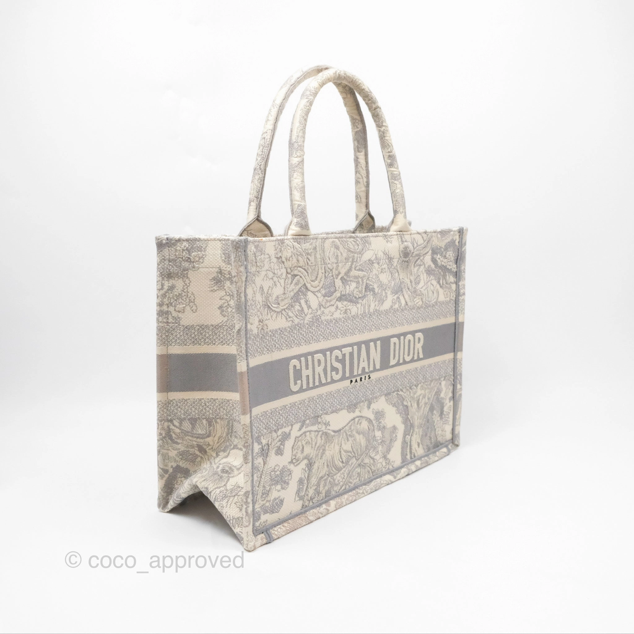 Christian Dior Medium (Old Small) Embroidered Toile De Jouy Light Grey Canvas Book Tote