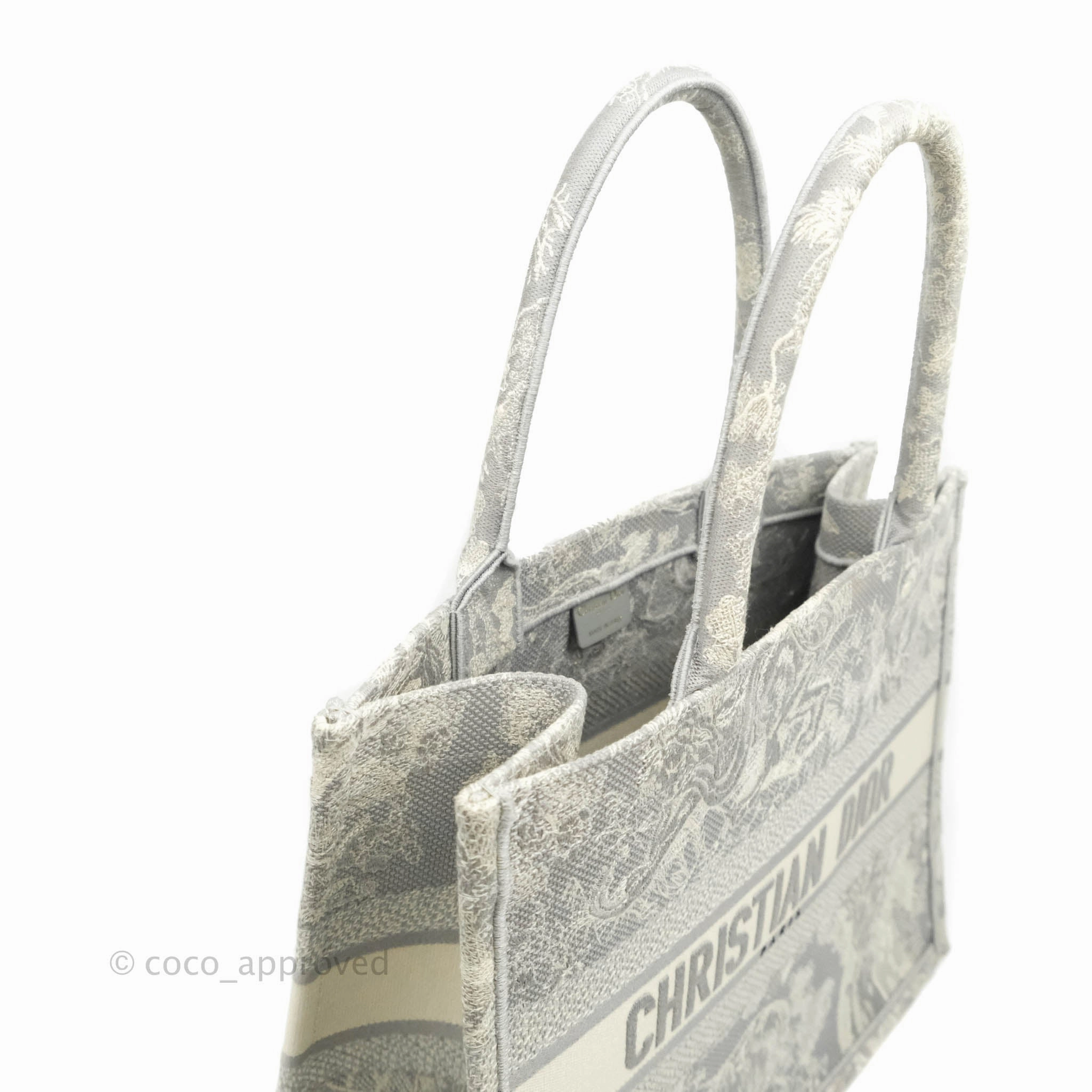 Christian Dior Medium (Old Small) Embroidered Toile De Jouy Light Grey Canvas Book Tote