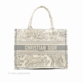 Christian Dior Medium (Old Small) Embroidered Toile De Jouy Light Grey Canvas Book Tote