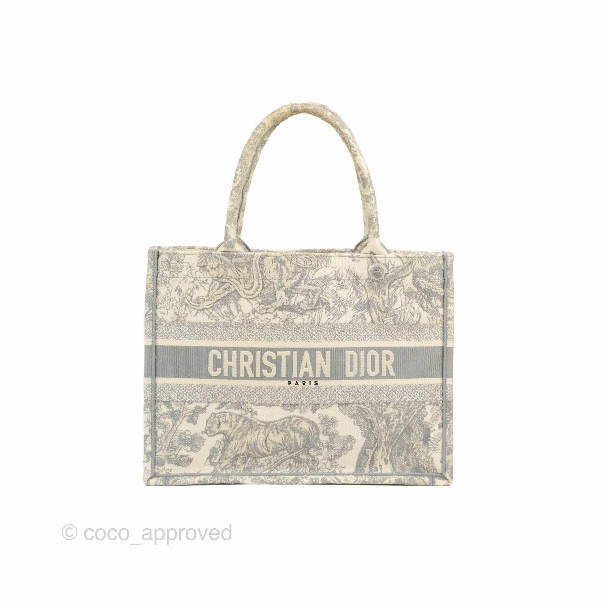 Christian Dior Medium (Old Small) Embroidered Toile De Jouy Light Grey Canvas Book Tote