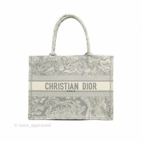 Christian Dior Medium (Old Small) Embroidered Toile De Jouy Light Grey Canvas Book Tote