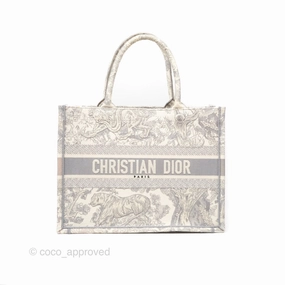 Christian Dior Medium (Old Small) Embroidered Toile De Jouy Light Grey Canvas Book Tote