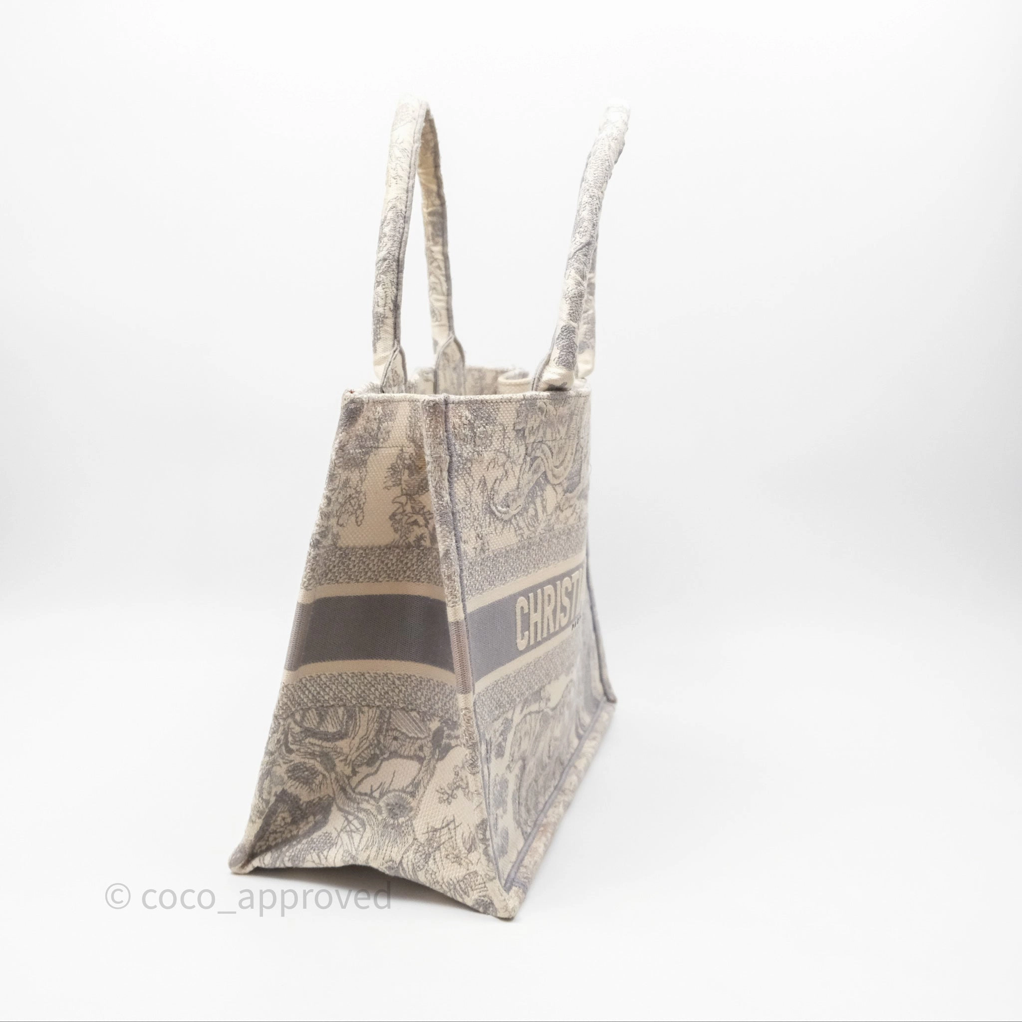Christian Dior Medium (Old Small) Embroidered Toile De Jouy Light Grey Canvas Book Tote