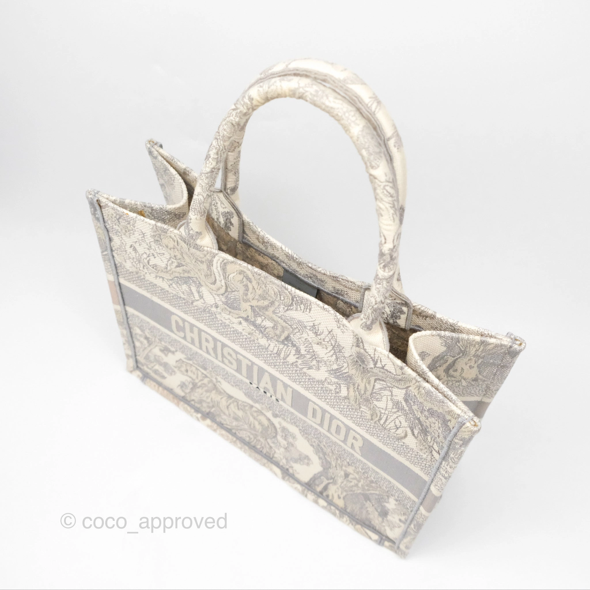 Christian Dior Medium (Old Small) Embroidered Toile De Jouy Light Grey Canvas Book Tote
