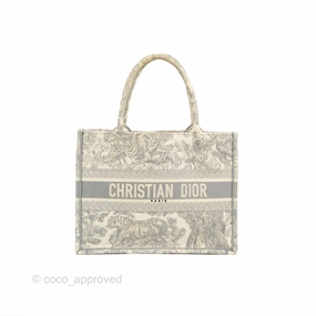 Christian Dior Medium (Old Small) Embroidered Toile De Jouy Light Grey Canvas Book Tote