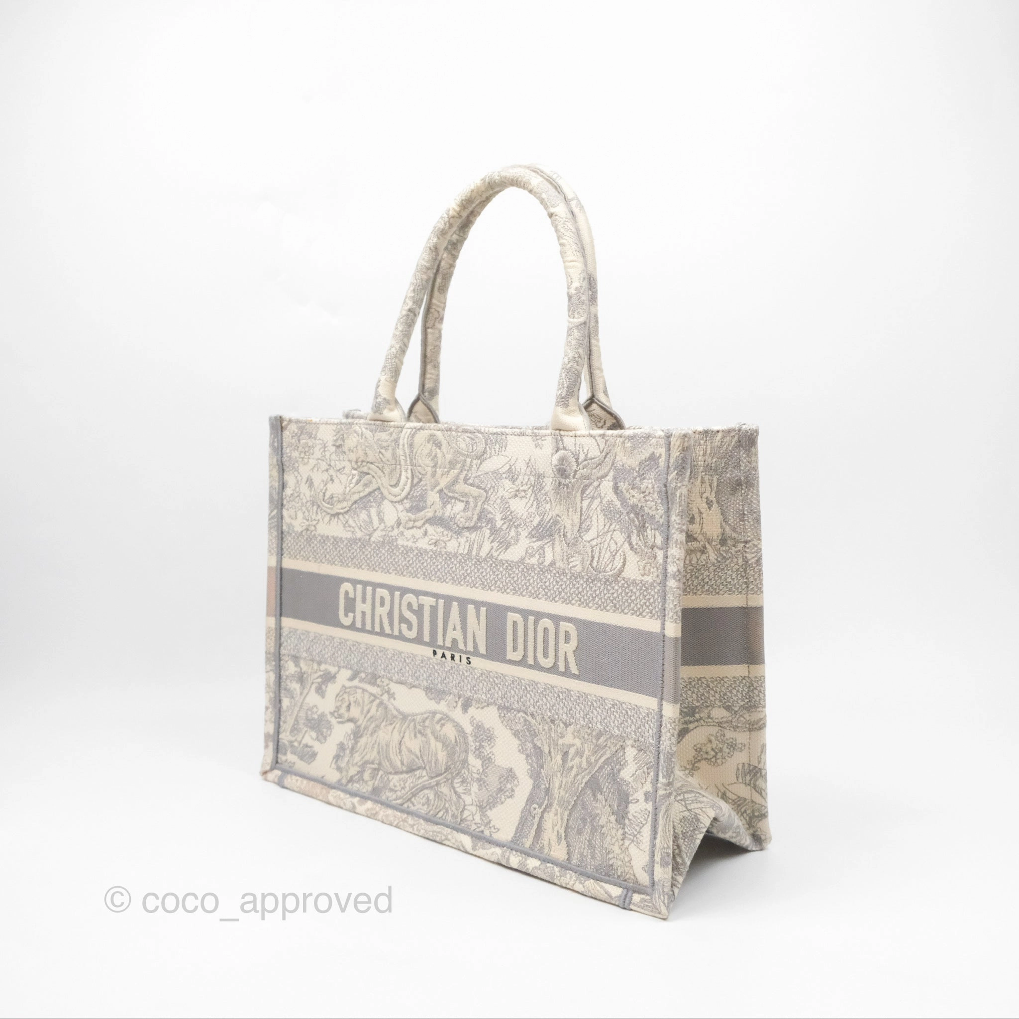 Christian Dior Medium (Old Small) Embroidered Toile De Jouy Light Grey Canvas Book Tote