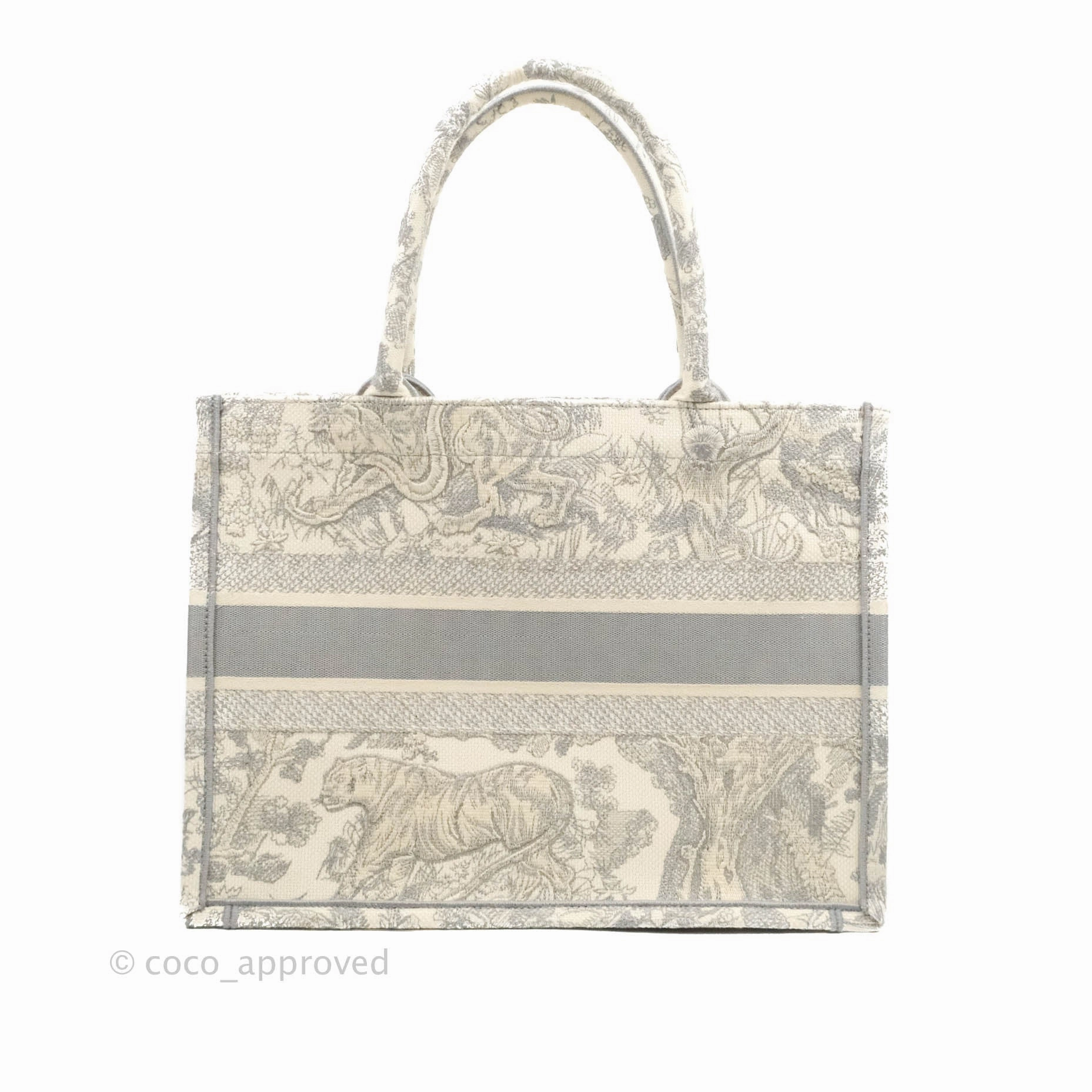 Christian Dior Medium (Old Small) Embroidered Toile De Jouy Light Grey Canvas Book Tote