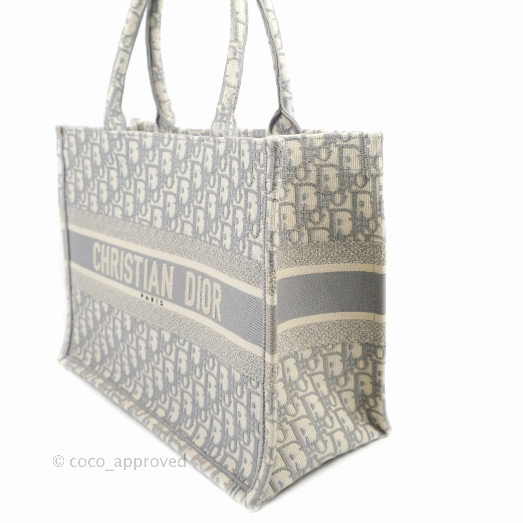 Christian Dior Medium (Old Small) Light Grey Oblique Embroidery Canvas Book Tote
