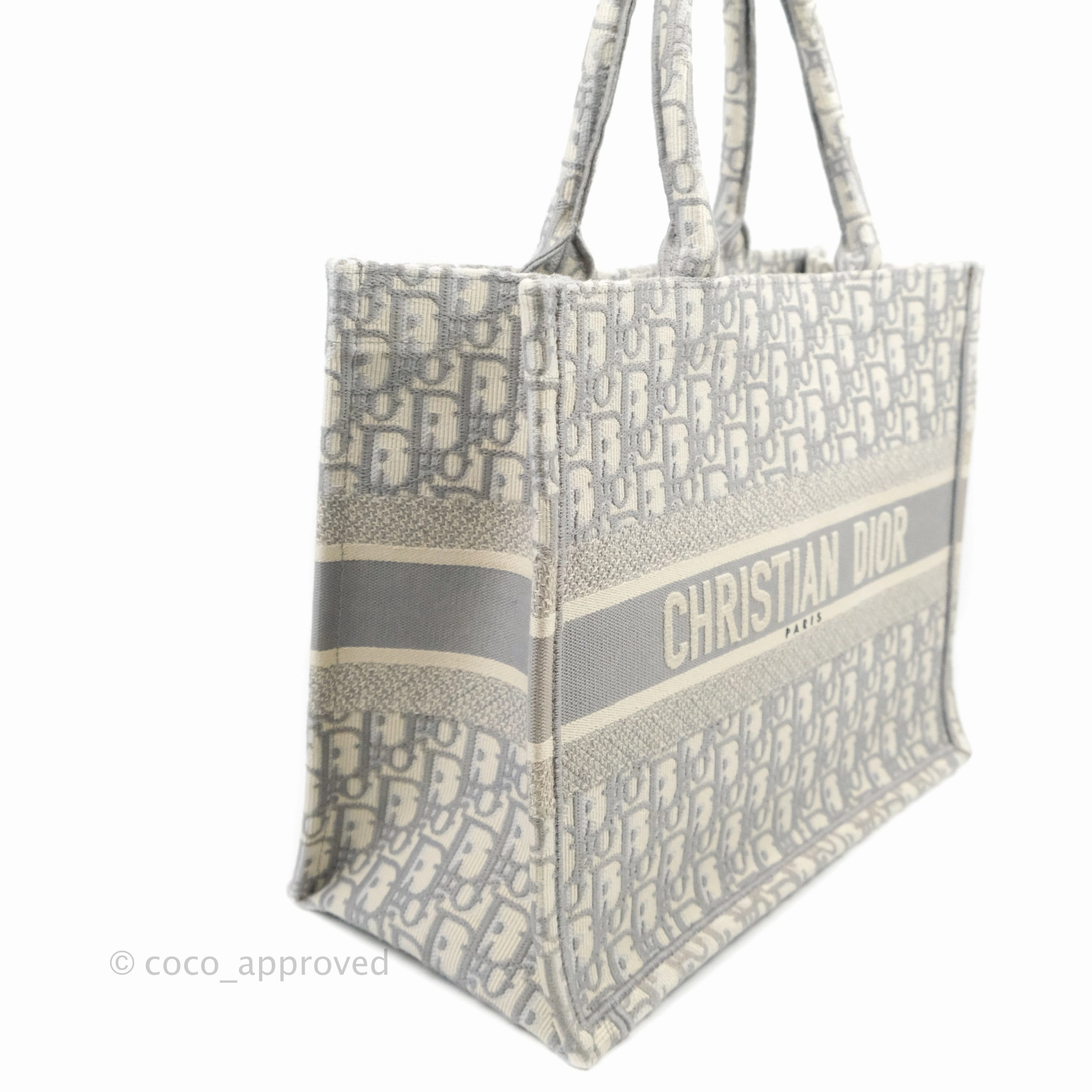Christian Dior Medium (Old Small) Light Grey Oblique Embroidery Canvas Book Tote