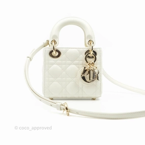 Christian Dior Micro Lady Dior Cannage Ivory White Lambskin Gold Hardware