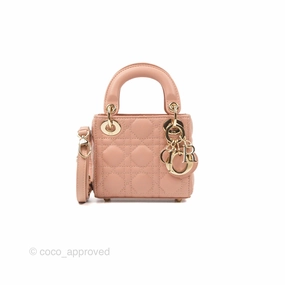 Christian Dior Micro Lady Dior Cannage Rose Des Vents Cannage Lambskin Gold Hardware