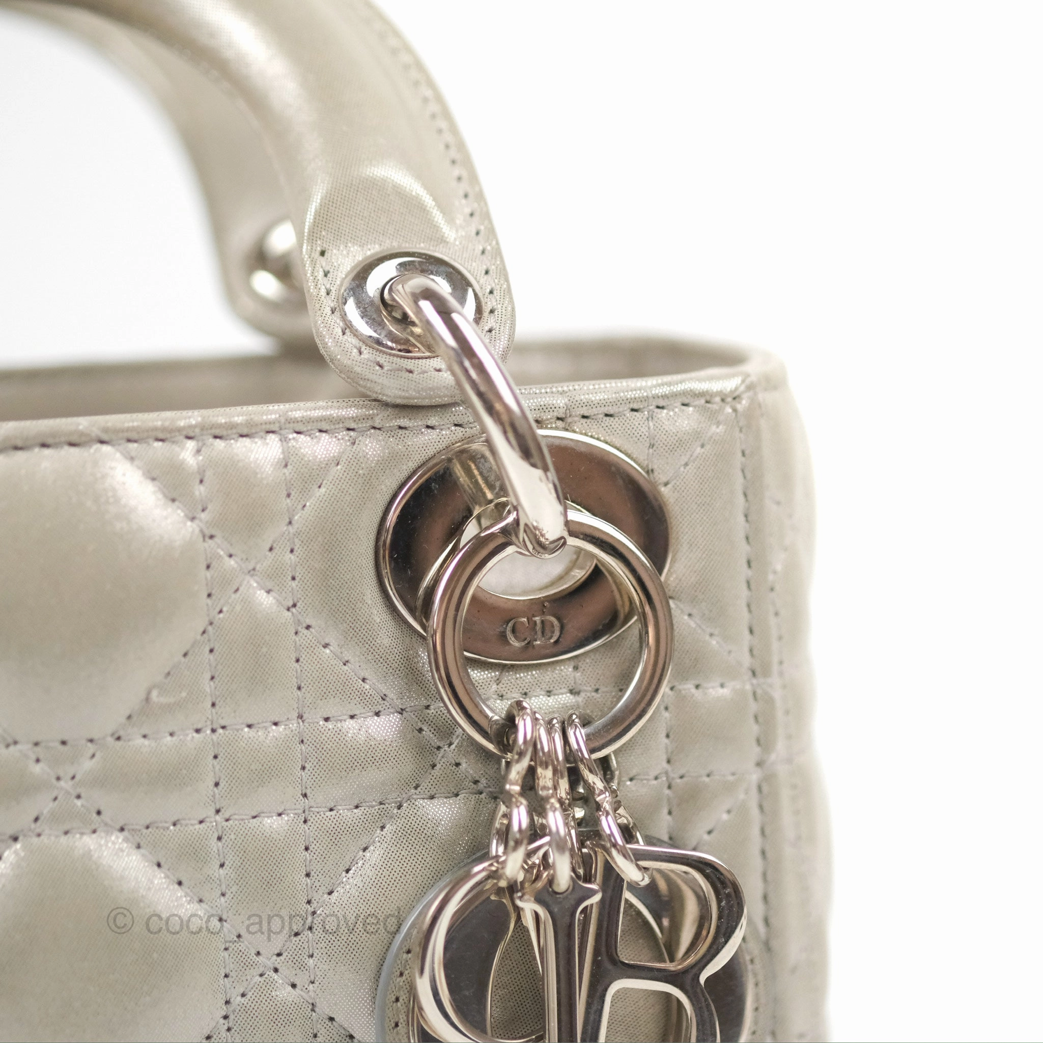 Christian Dior Mini Lady Dior Bag Cannage Lambskin Iridescent Grey Gold Hardware