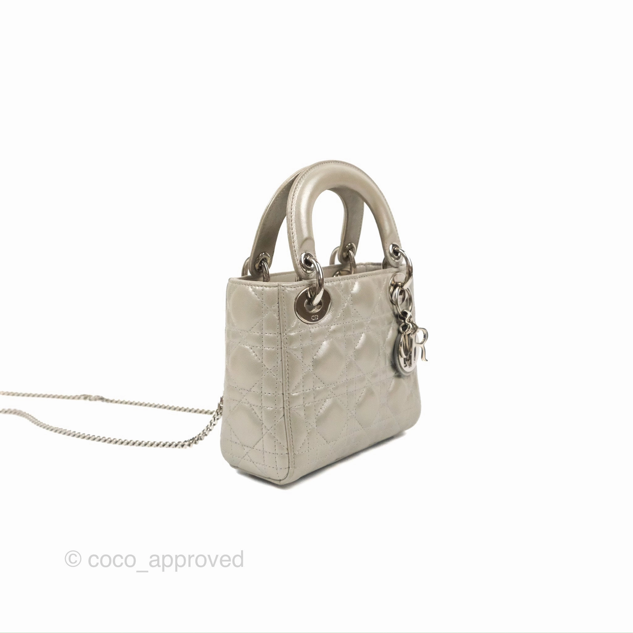 Christian Dior Mini Lady Dior Bag Cannage Lambskin Iridescent Grey Gold Hardware