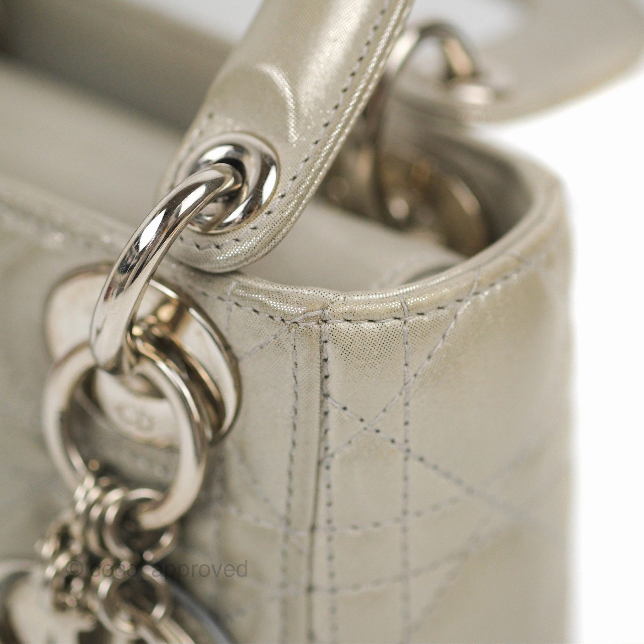 Christian Dior Mini Lady Dior Bag Cannage Lambskin Iridescent Grey Gold Hardware