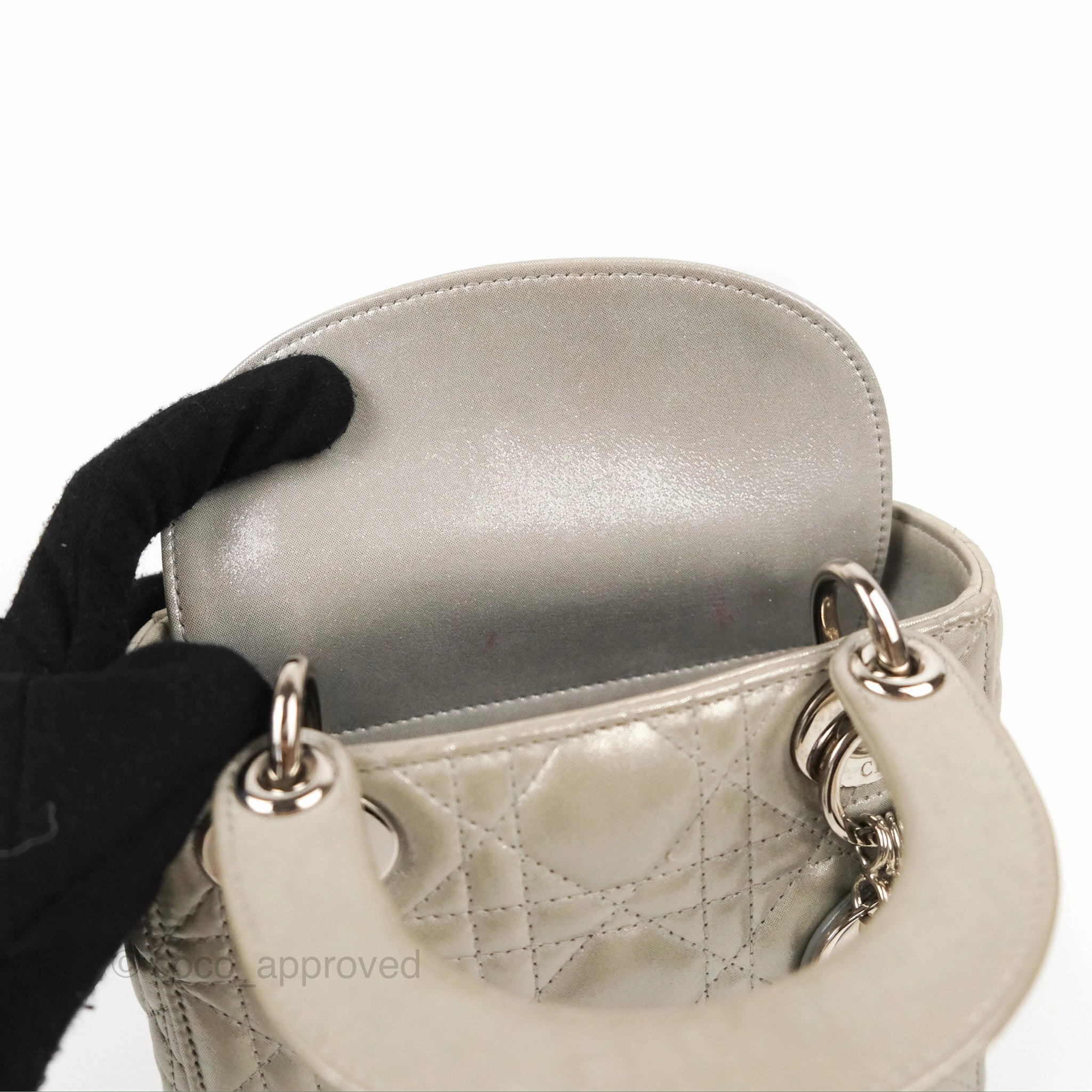 Christian Dior Mini Lady Dior Bag Cannage Lambskin Iridescent Grey Gold Hardware