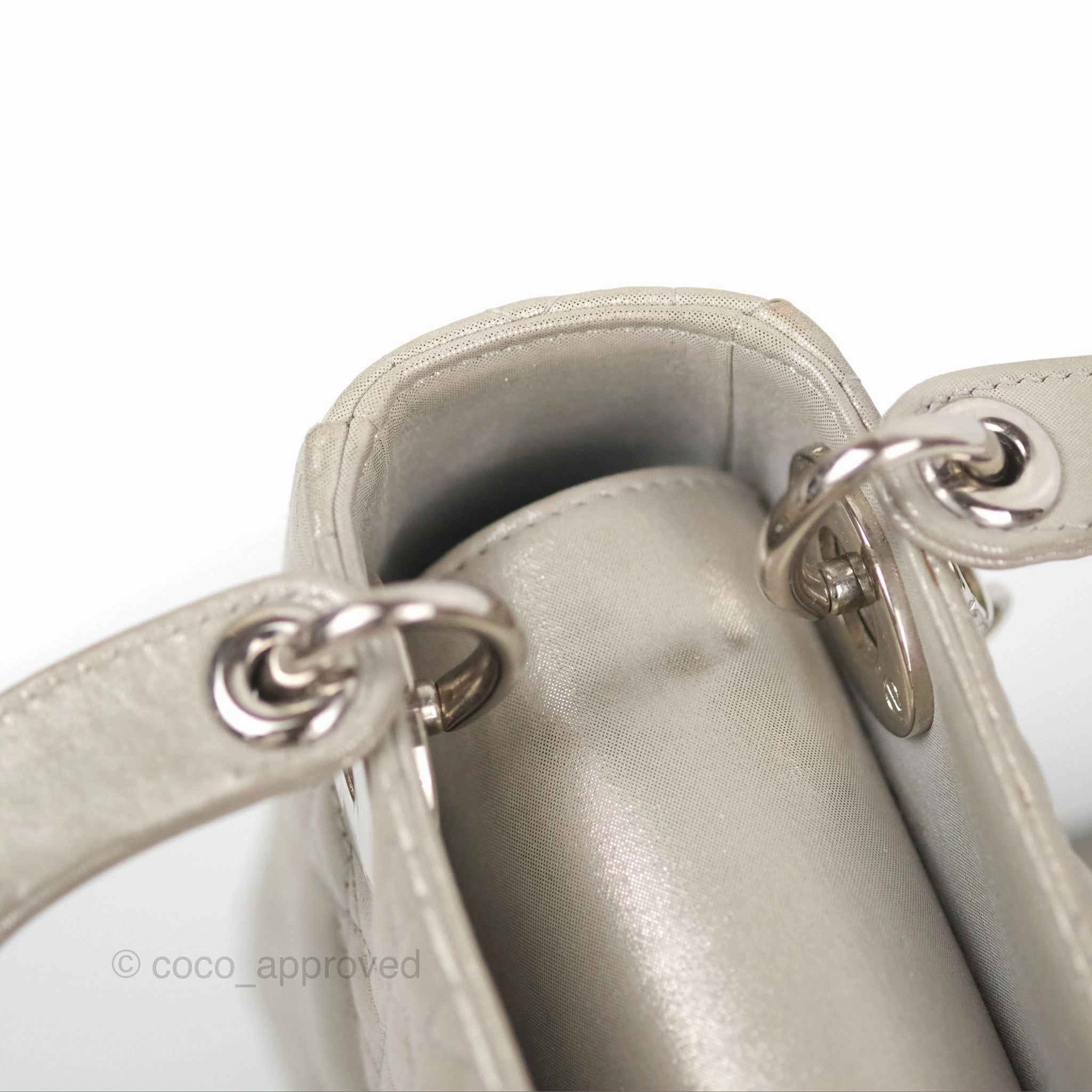 Christian Dior Mini Lady Dior Bag Cannage Lambskin Iridescent Grey Gold Hardware