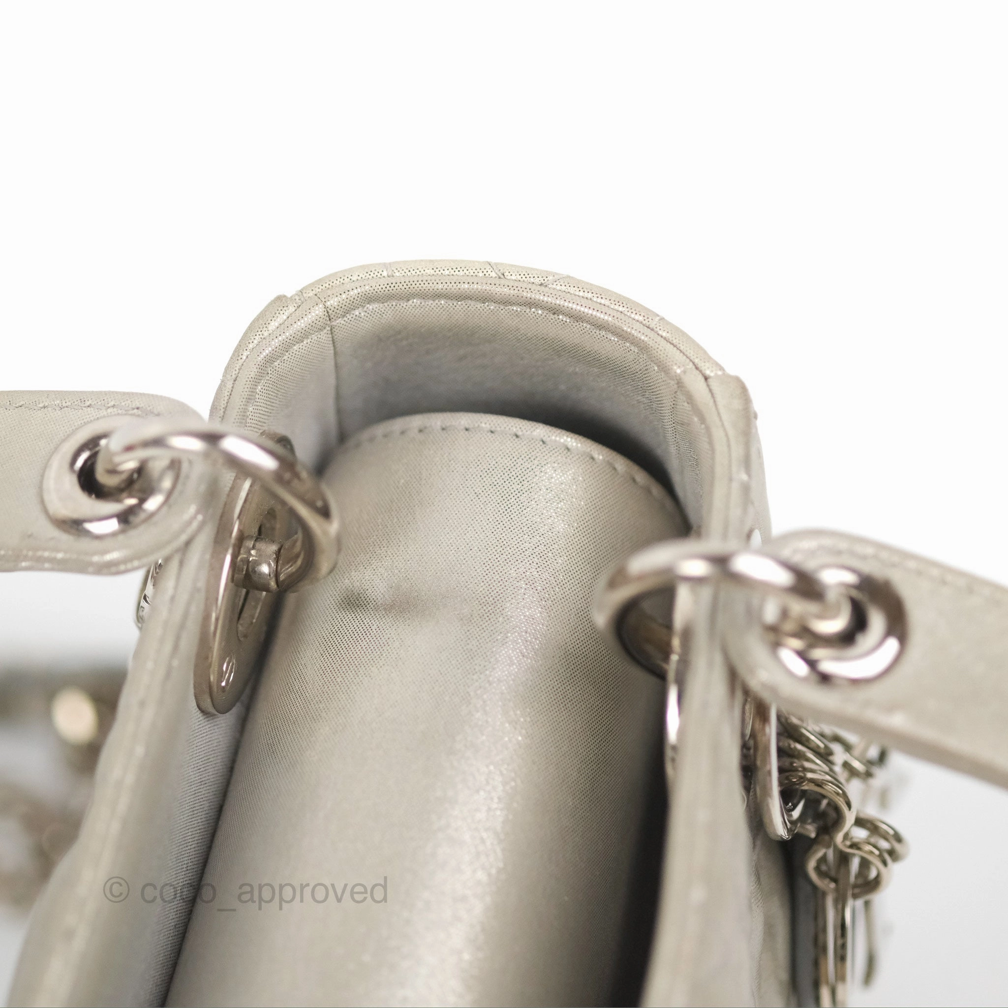 Christian Dior Mini Lady Dior Bag Cannage Lambskin Iridescent Grey Gold Hardware