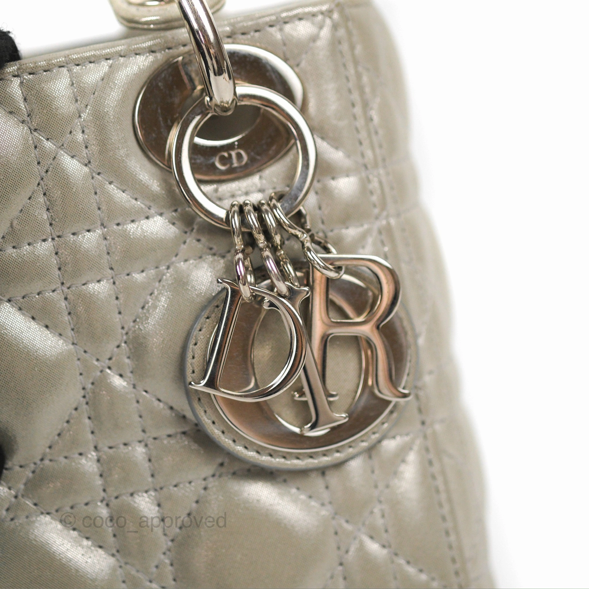 Christian Dior Mini Lady Dior Bag Cannage Lambskin Iridescent Grey Gold Hardware