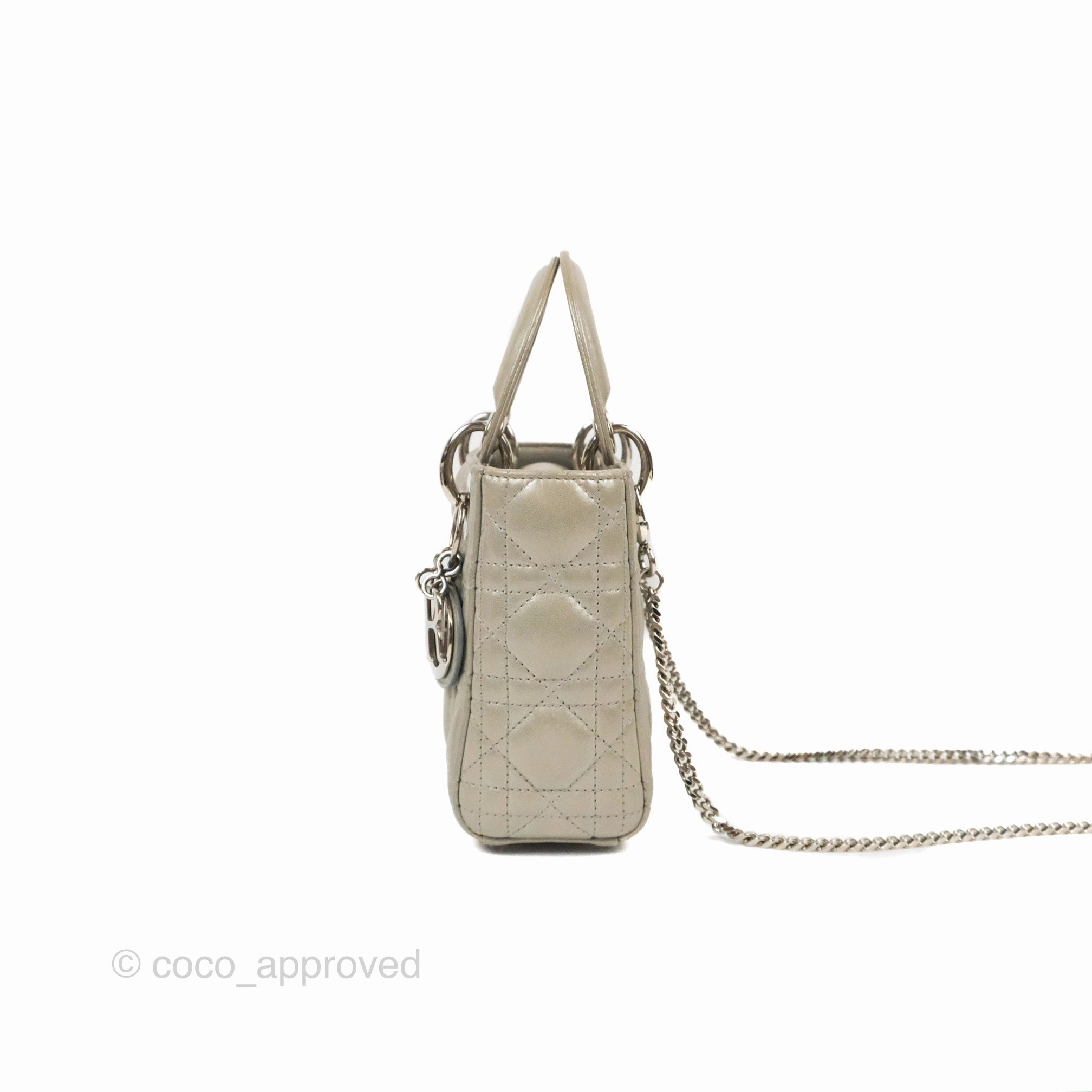 Christian Dior Mini Lady Dior Bag Cannage Lambskin Iridescent Grey Gold Hardware