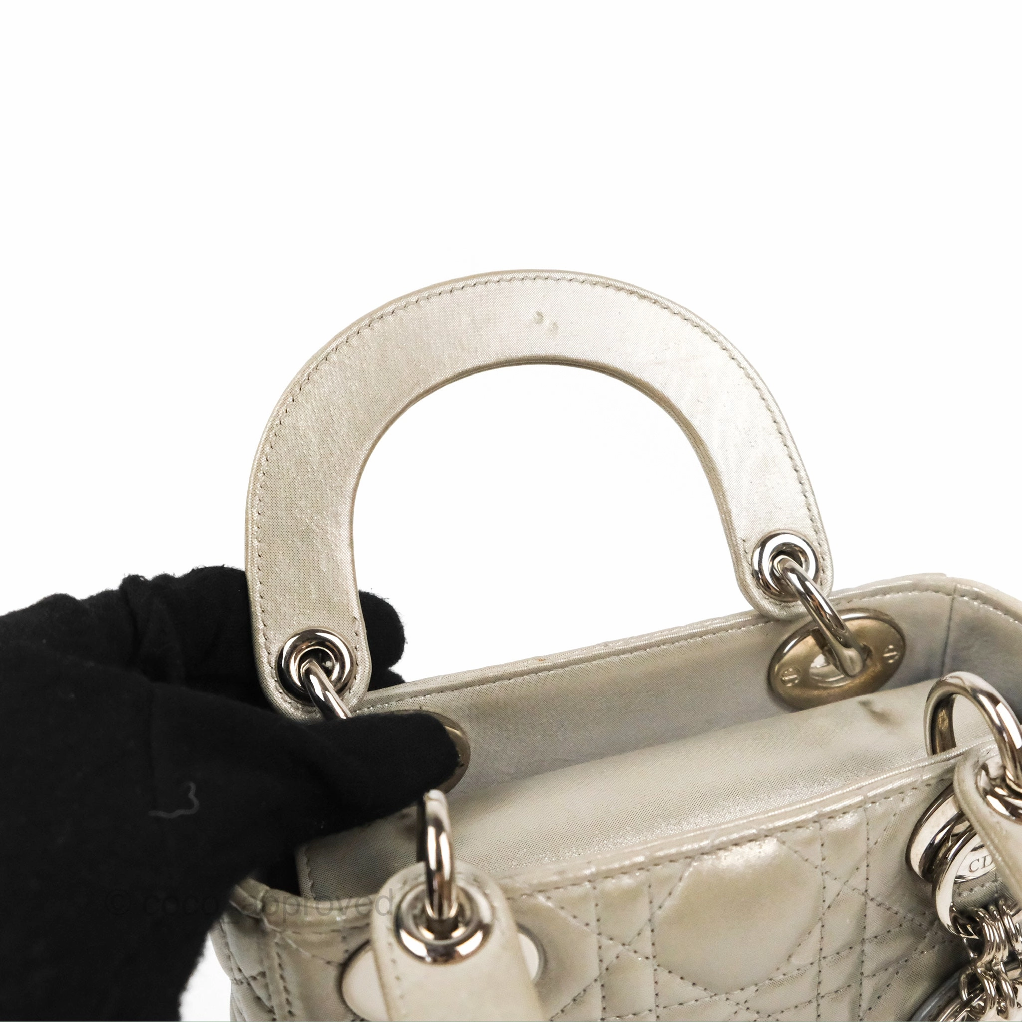 Christian Dior Mini Lady Dior Bag Cannage Lambskin Iridescent Grey Gold Hardware