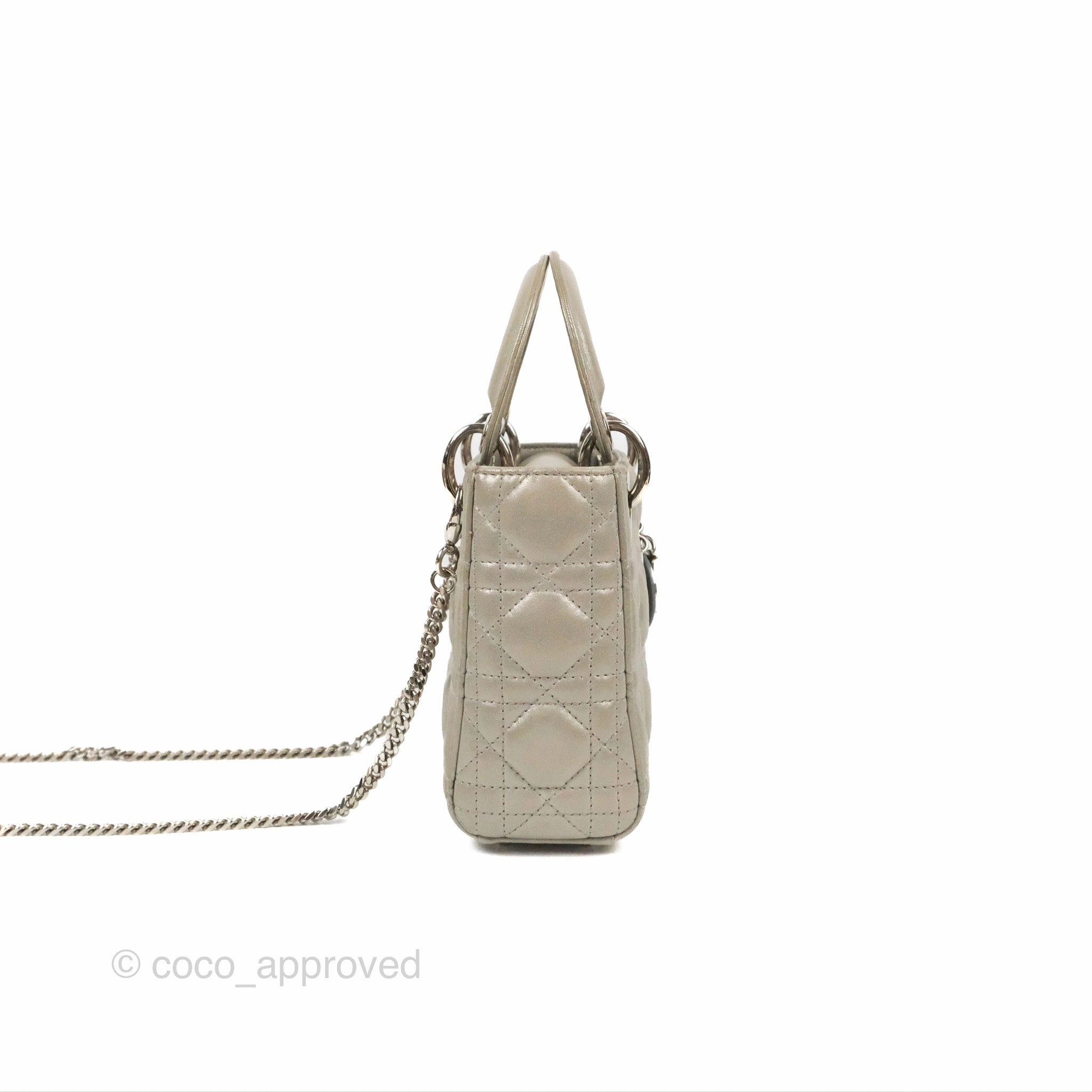 Christian Dior Mini Lady Dior Bag Cannage Lambskin Iridescent Grey Gold Hardware