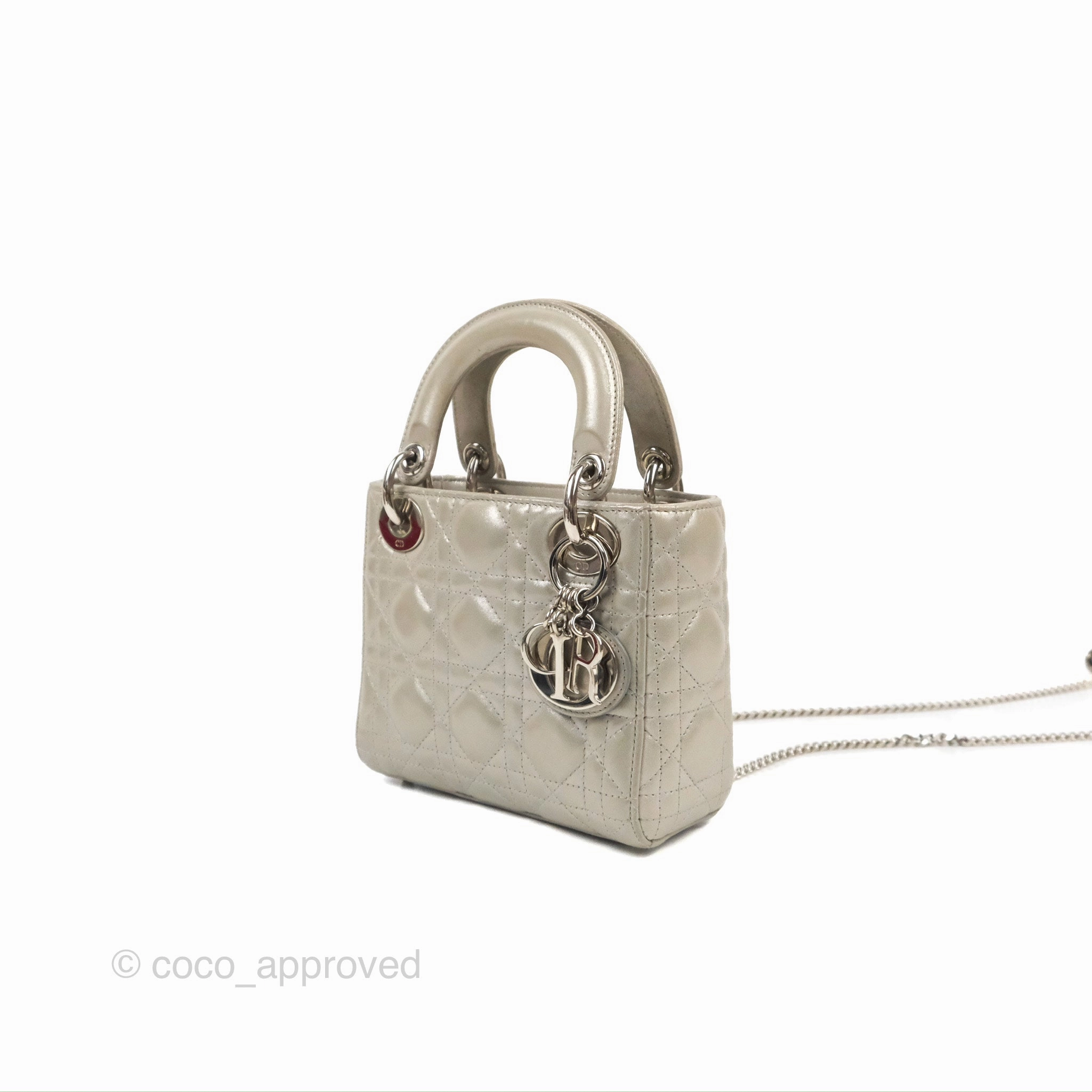 Christian Dior Mini Lady Dior Bag Cannage Lambskin Iridescent Grey Gold Hardware