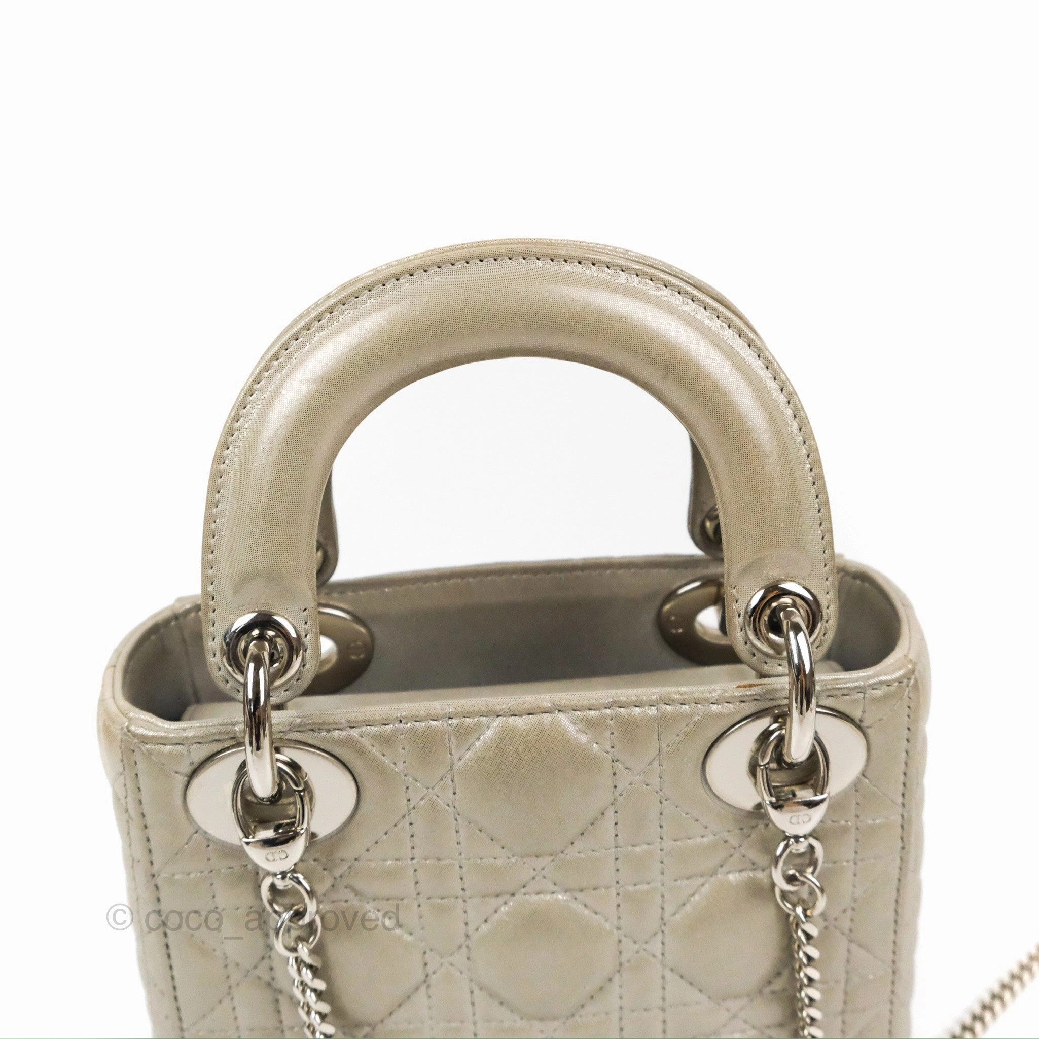 Christian Dior Mini Lady Dior Bag Cannage Lambskin Iridescent Grey Gold Hardware