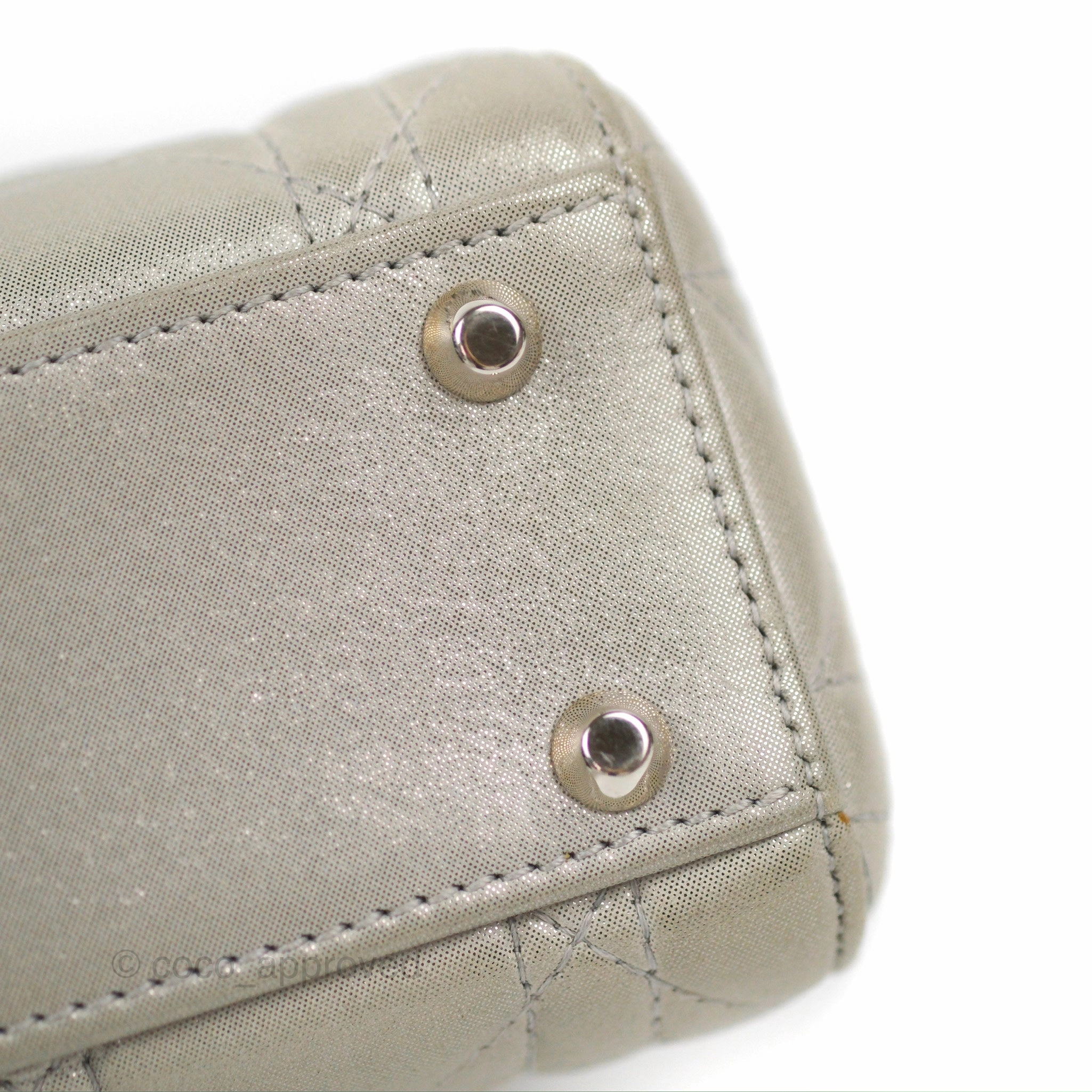 Christian Dior Mini Lady Dior Bag Cannage Lambskin Iridescent Grey Gold Hardware