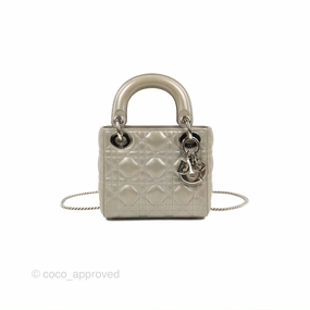 Christian Dior Mini Lady Dior Bag Cannage Lambskin Iridescent Grey Gold Hardware