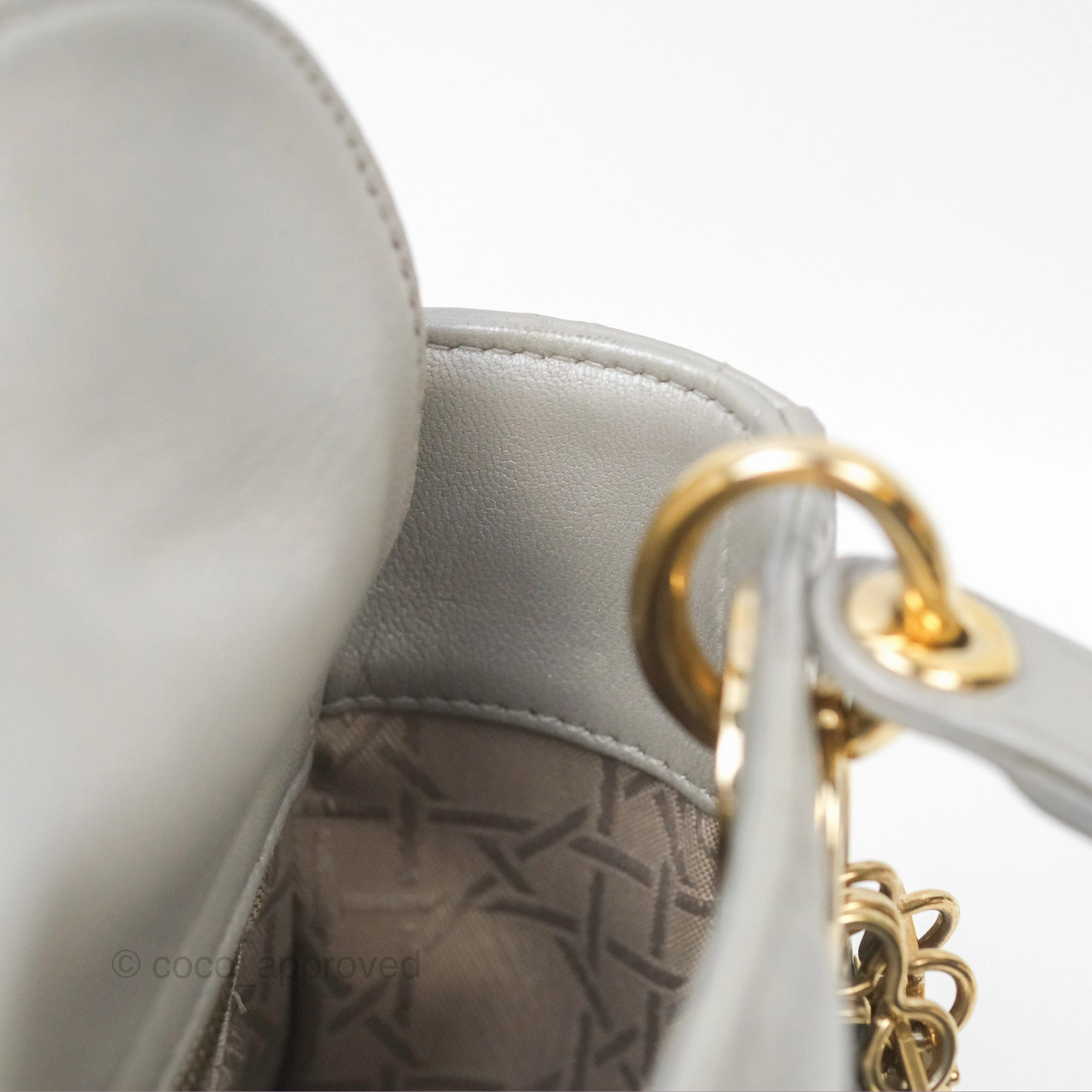 Christian Dior Mini Lady Dior Iridescent Light Grey Cannage Lambskin Gold Hardware