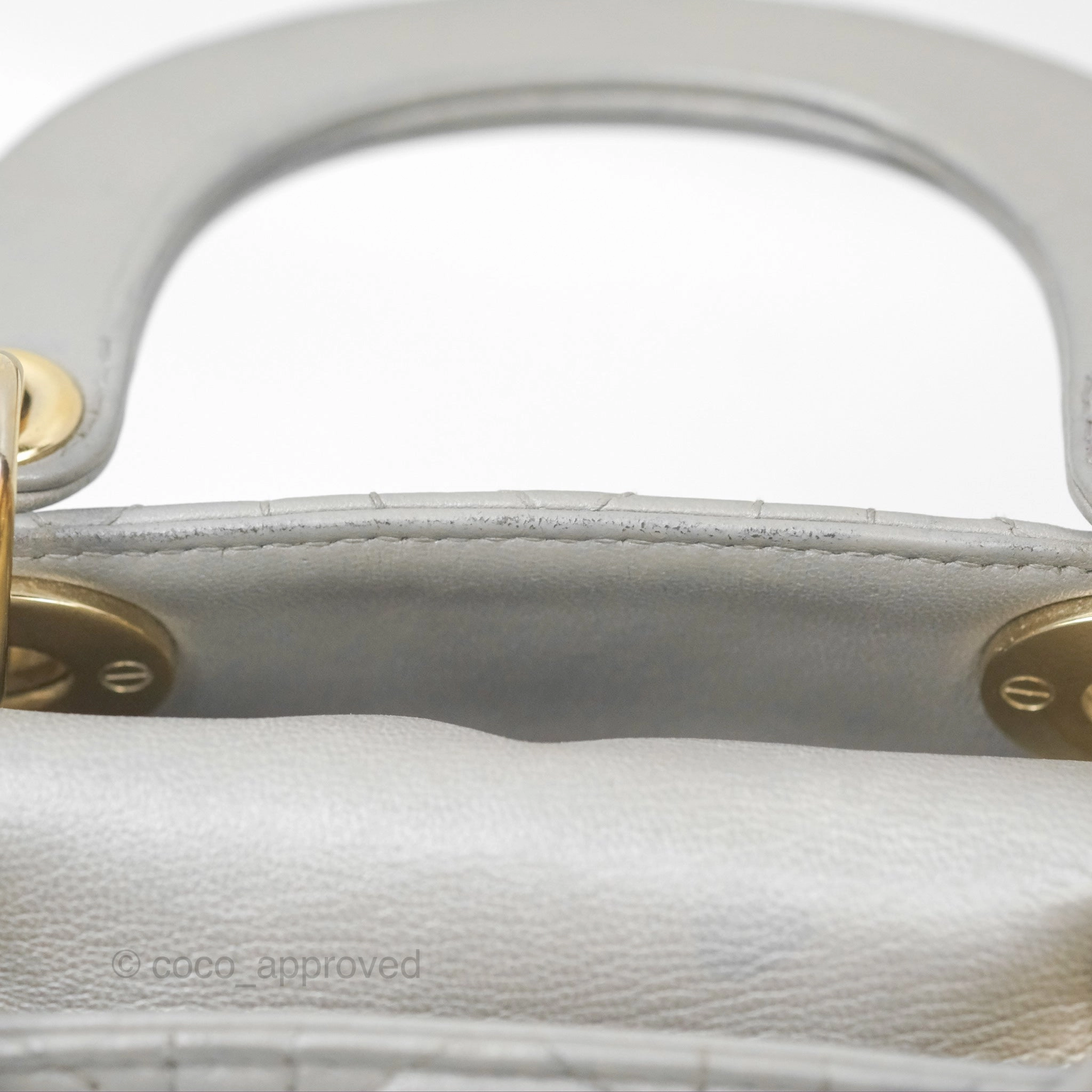 Christian Dior Mini Lady Dior Iridescent Light Grey Cannage Lambskin Gold Hardware