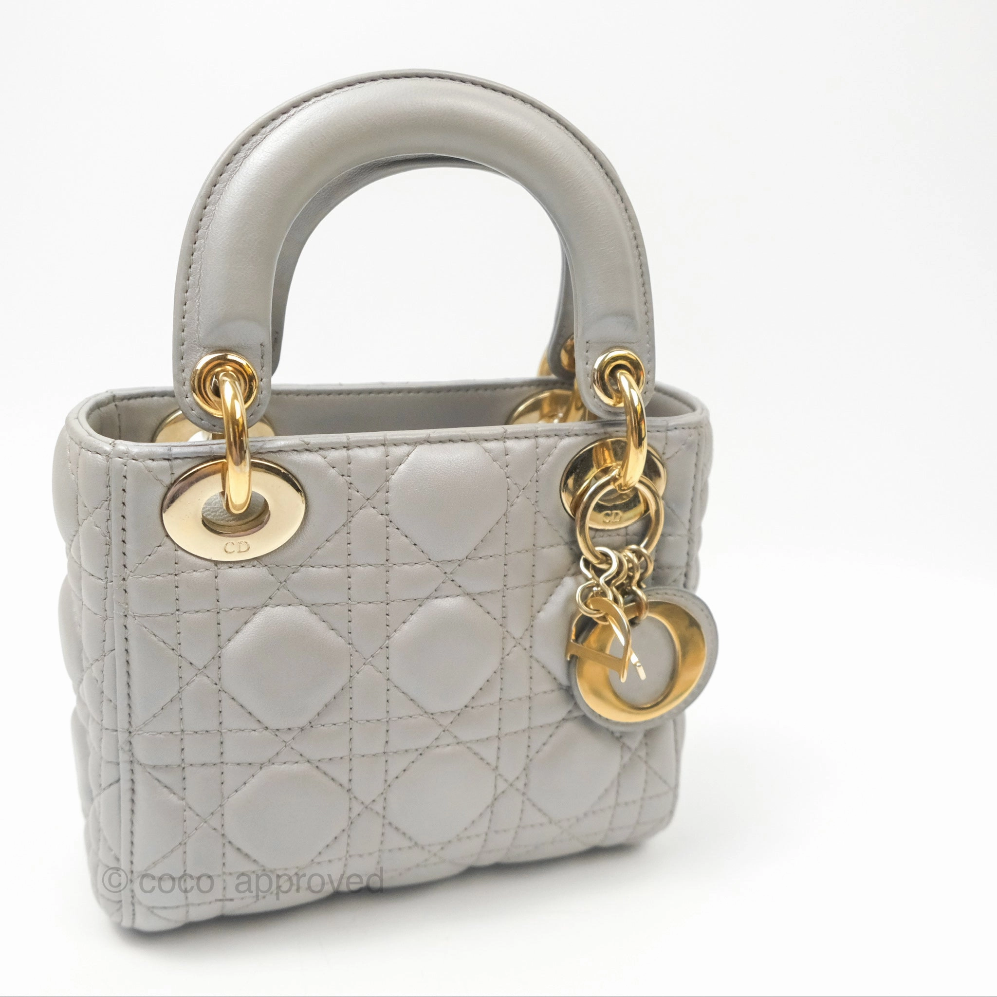Christian Dior Mini Lady Dior Iridescent Light Grey Cannage Lambskin Gold Hardware