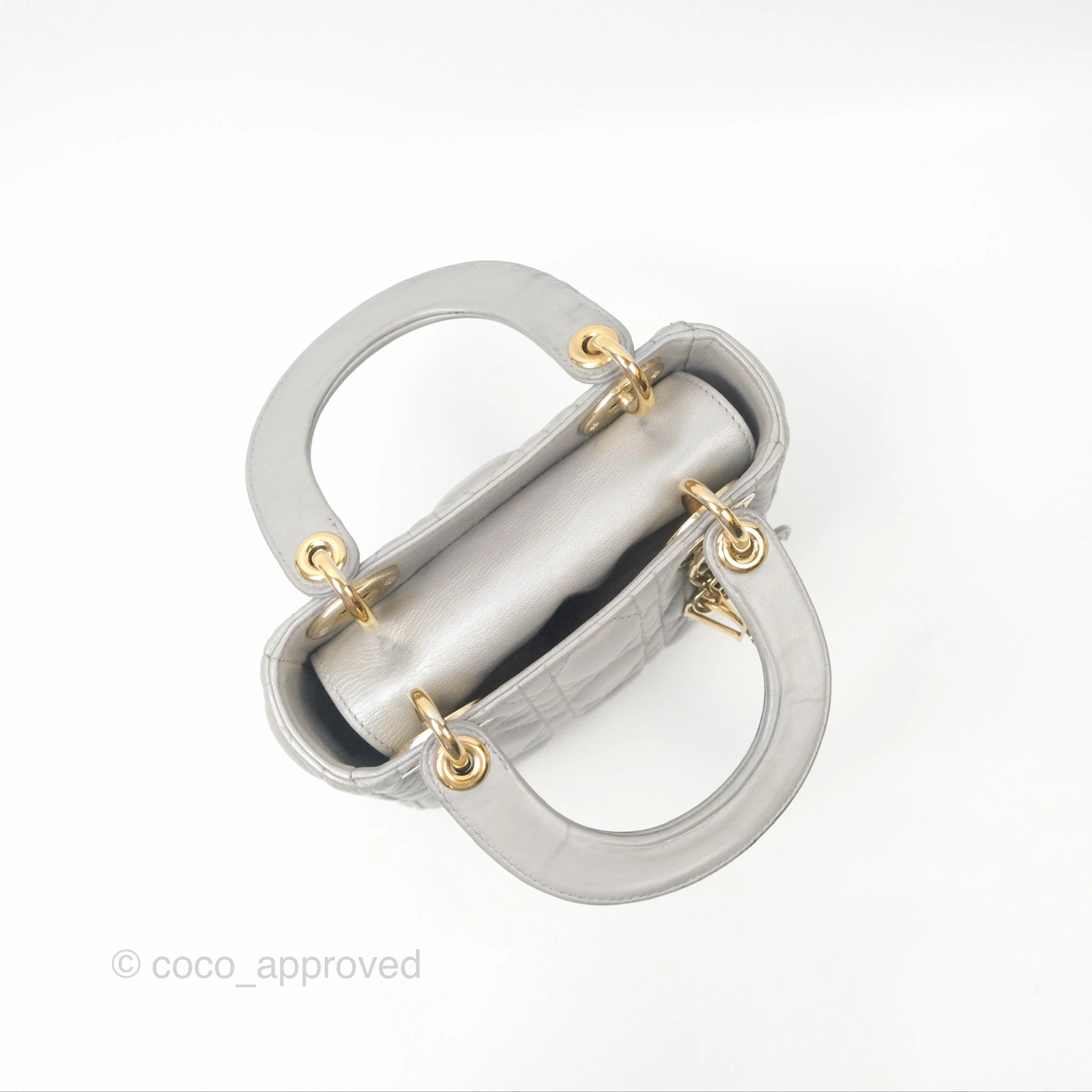 Christian Dior Mini Lady Dior Iridescent Light Grey Cannage Lambskin Gold Hardware