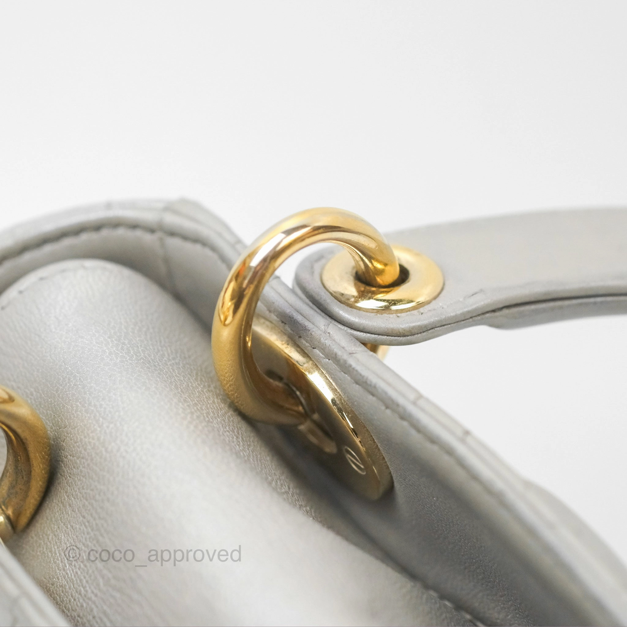 Christian Dior Mini Lady Dior Iridescent Light Grey Cannage Lambskin Gold Hardware
