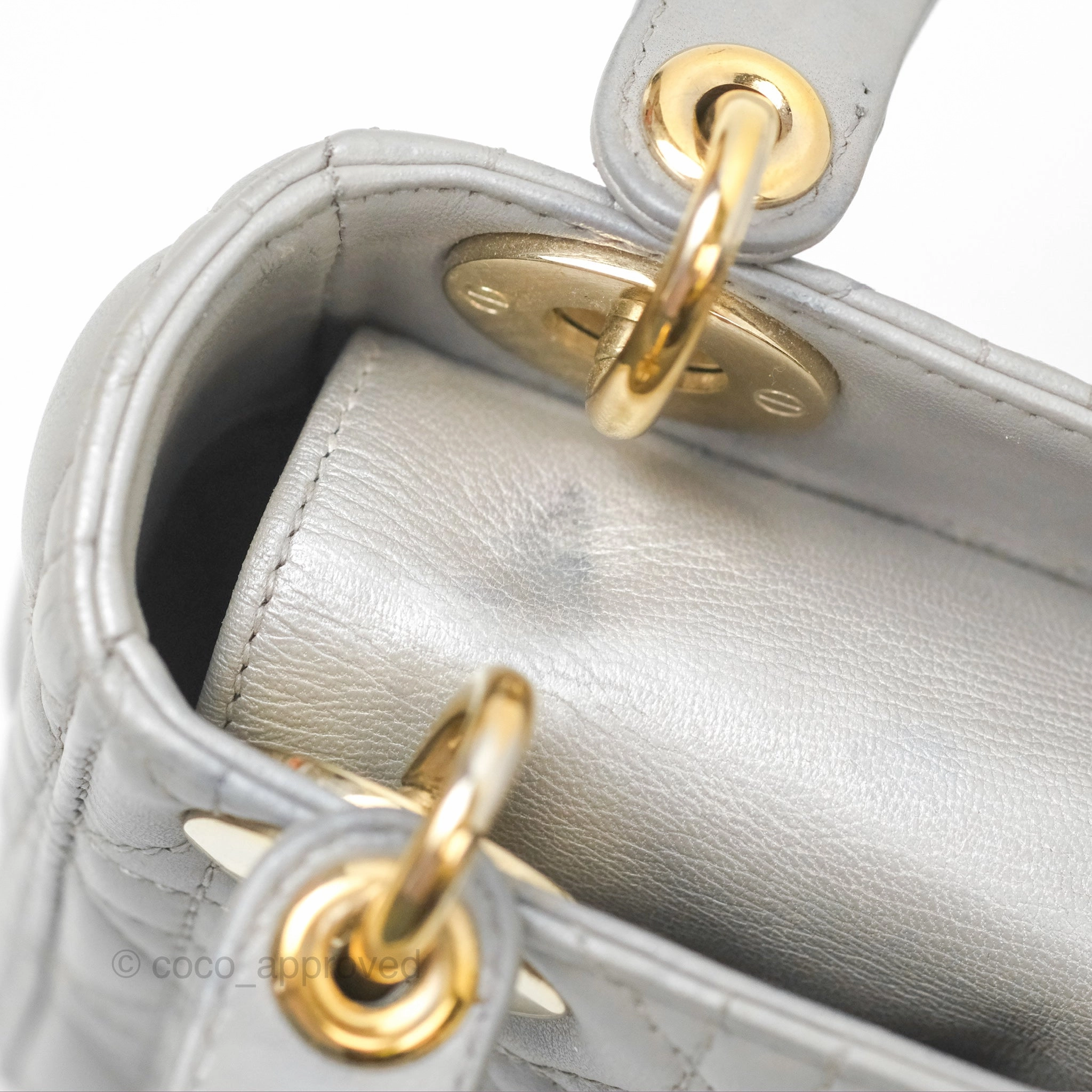 Christian Dior Mini Lady Dior Iridescent Light Grey Cannage Lambskin Gold Hardware