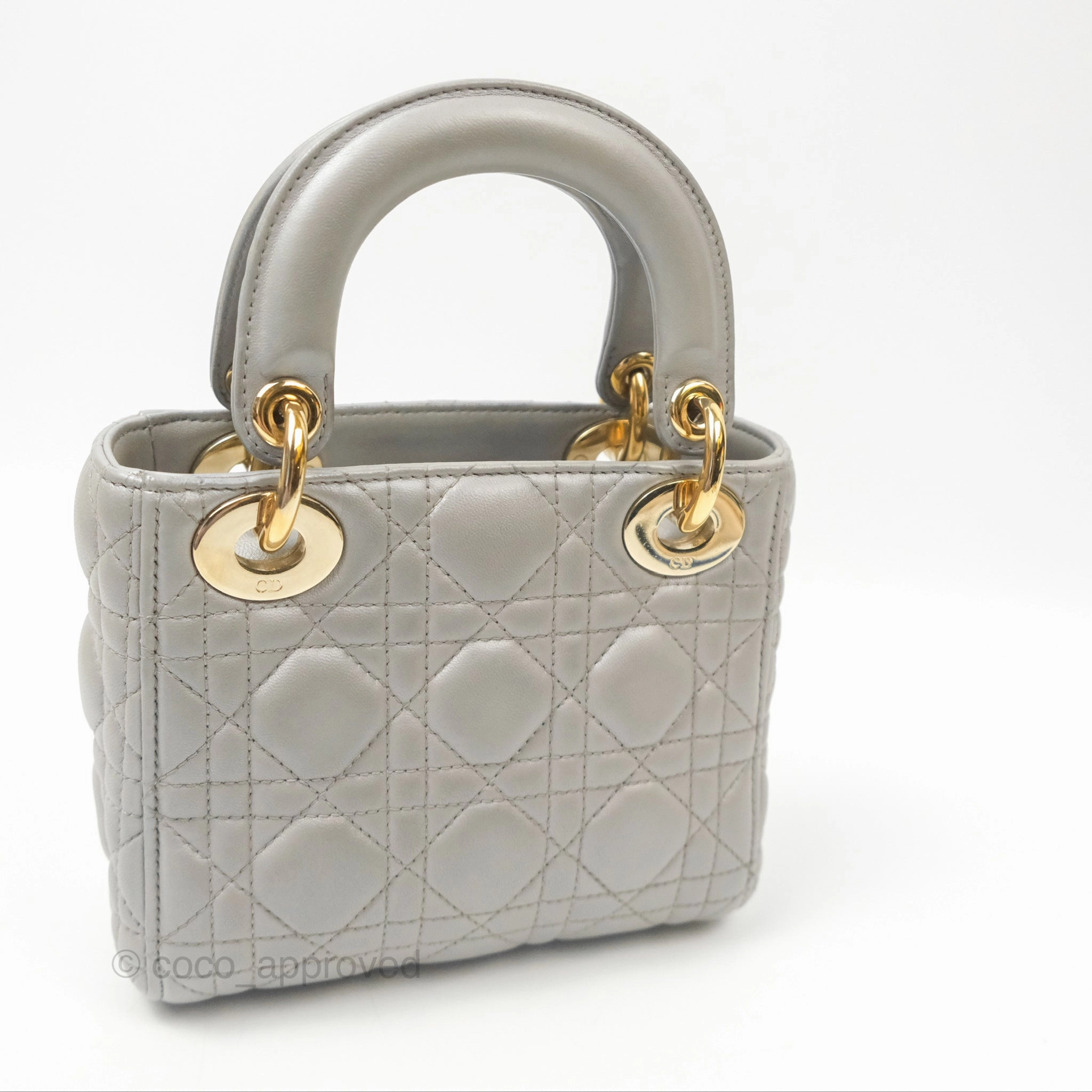Christian Dior Mini Lady Dior Iridescent Light Grey Cannage Lambskin Gold Hardware