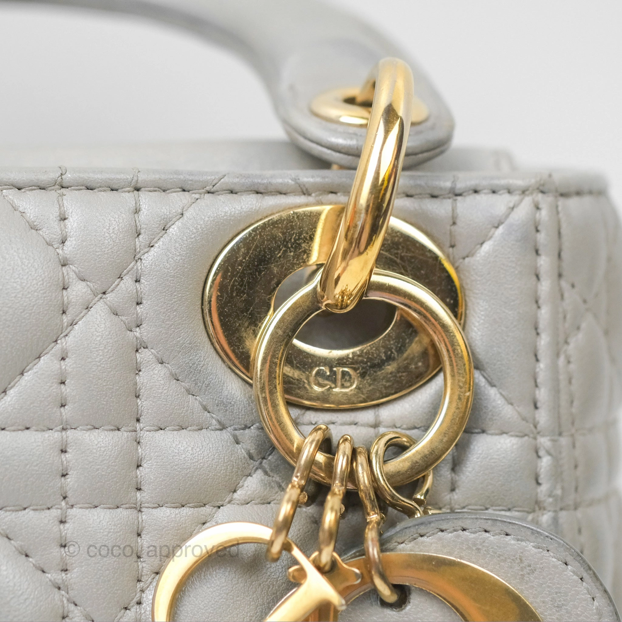 Christian Dior Mini Lady Dior Iridescent Light Grey Cannage Lambskin Gold Hardware