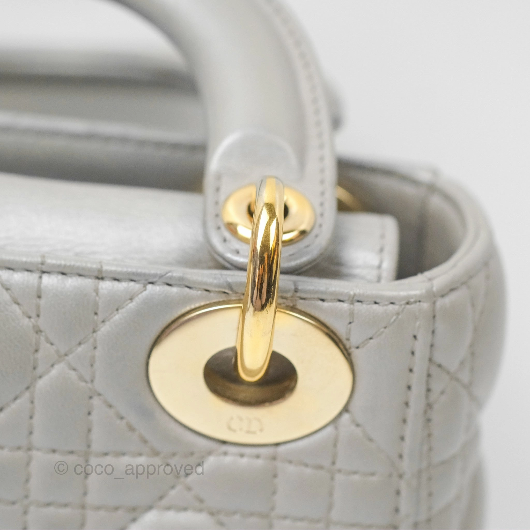 Christian Dior Mini Lady Dior Iridescent Light Grey Cannage Lambskin Gold Hardware