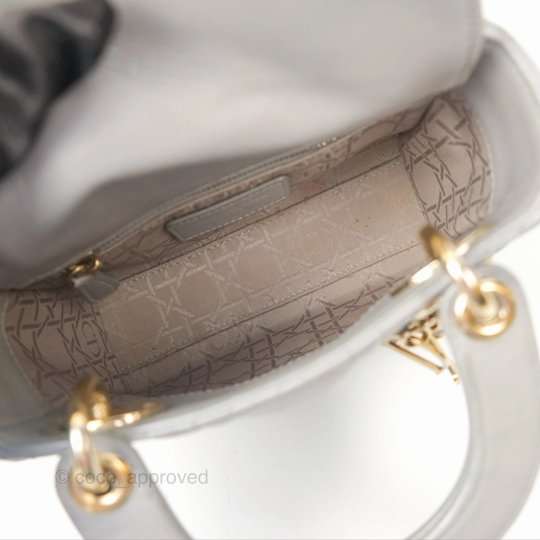 Christian Dior Mini Lady Dior Iridescent Light Grey Cannage Lambskin Gold Hardware