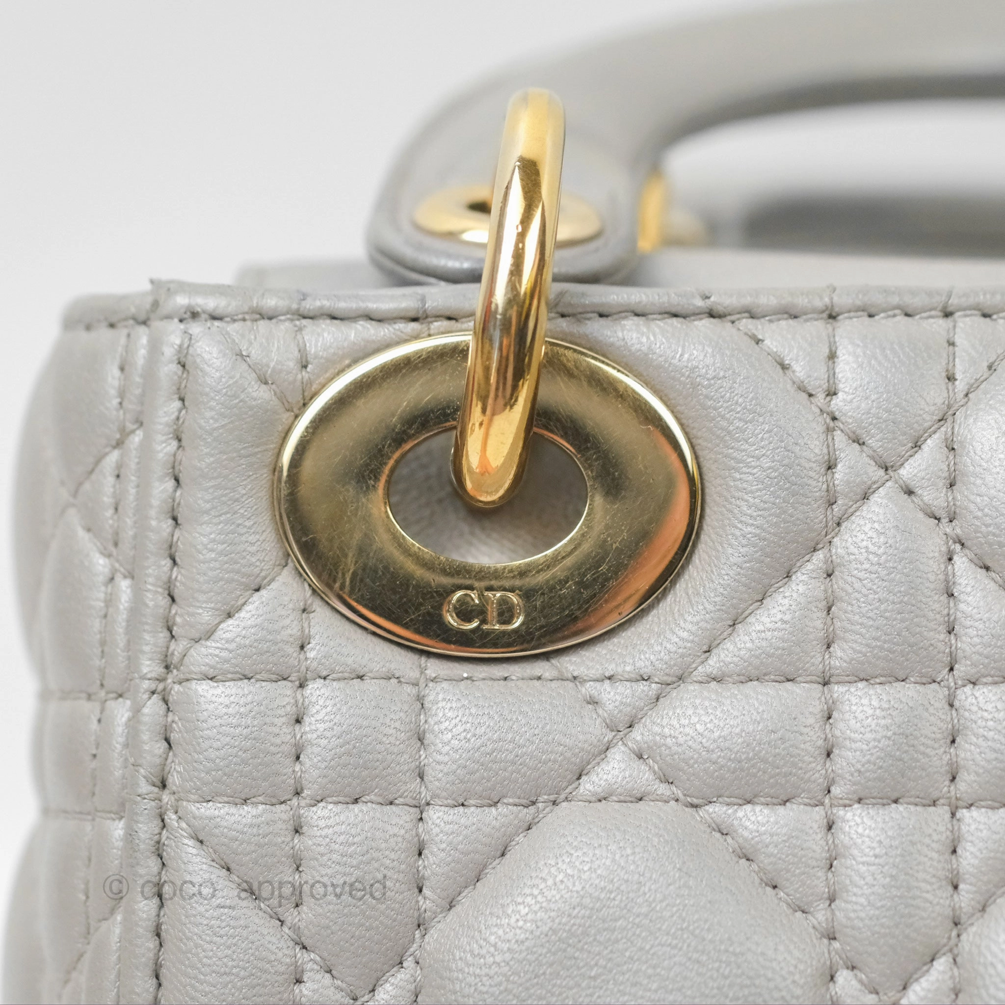 Christian Dior Mini Lady Dior Iridescent Light Grey Cannage Lambskin Gold Hardware