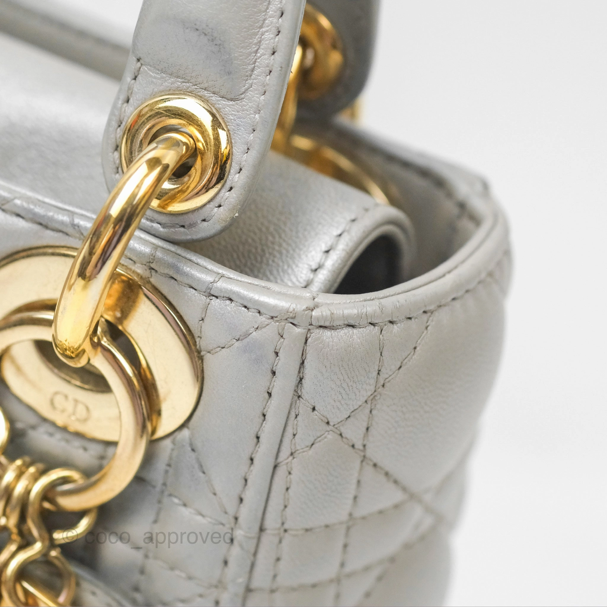 Christian Dior Mini Lady Dior Iridescent Light Grey Cannage Lambskin Gold Hardware