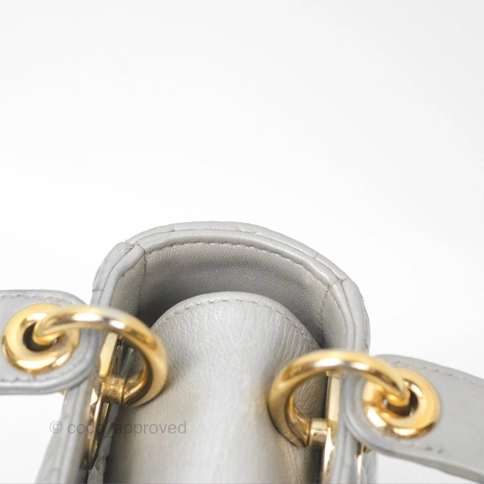 Christian Dior Mini Lady Dior Iridescent Light Grey Cannage Lambskin Gold Hardware
