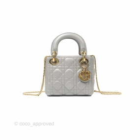 Christian Dior Mini Lady Dior Iridescent Light Grey Cannage Lambskin Gold Hardware